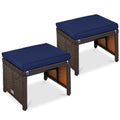 Set of 2 Multipurpose Wicker Ottomans w/ Removable Cushions, Steel Frame - Navy/Brown