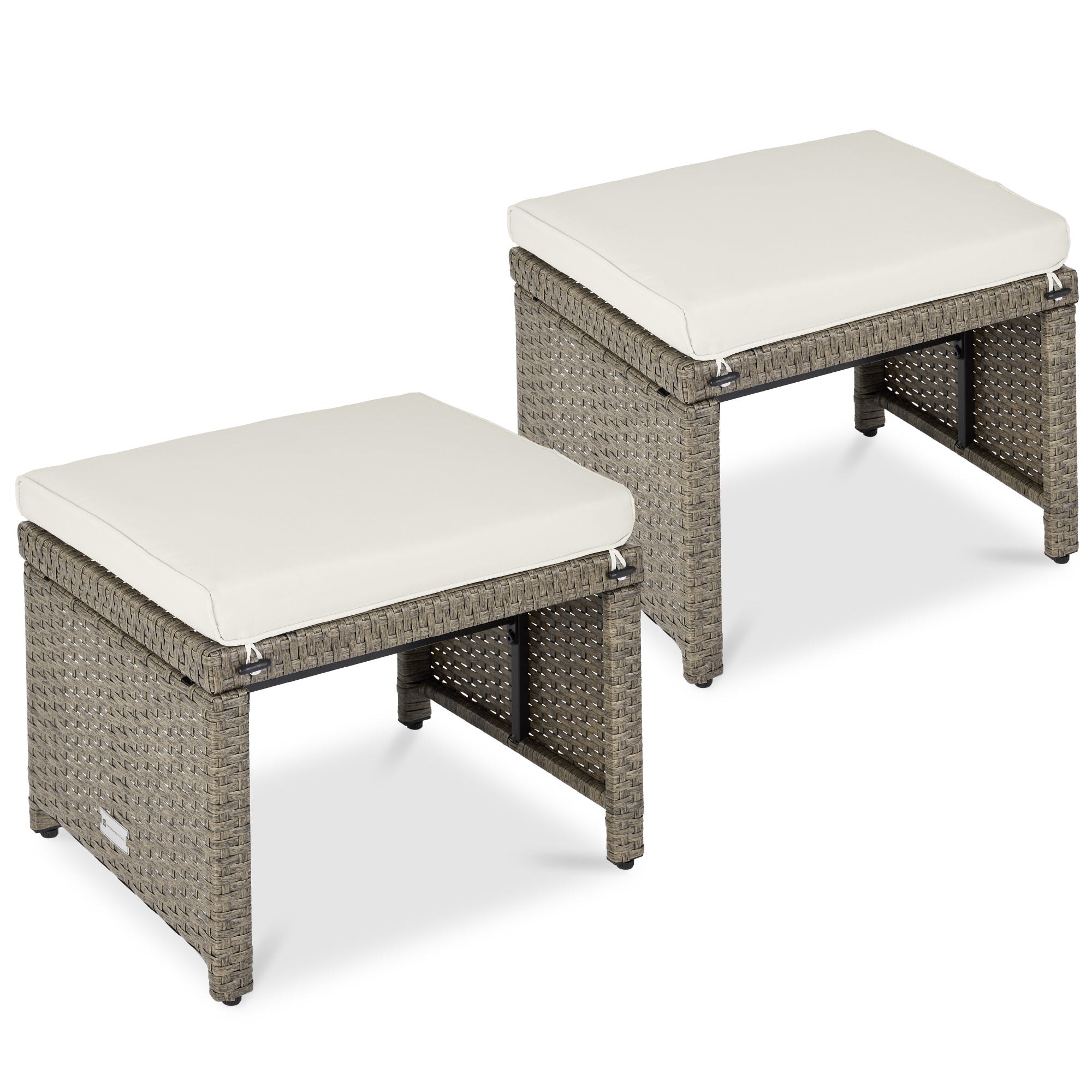 Set of 2 Multipurpose Wicker Ottomans w/ Removable Cushions, Steel Frame - White Sand/Taupe
