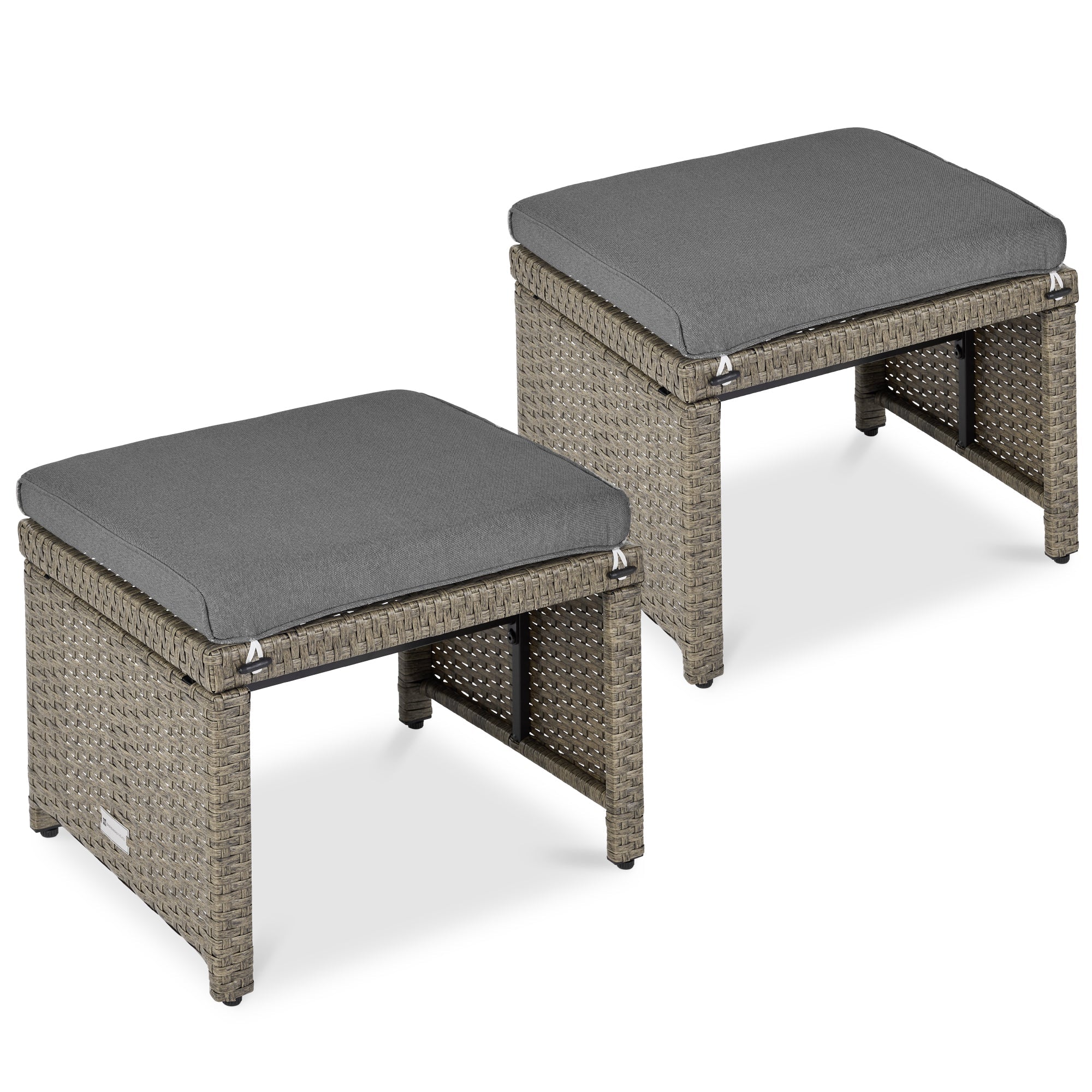Set of 2 Multipurpose Wicker Ottomans w/ Removable Cushions, Steel Frame - Cement Gray/Taupe