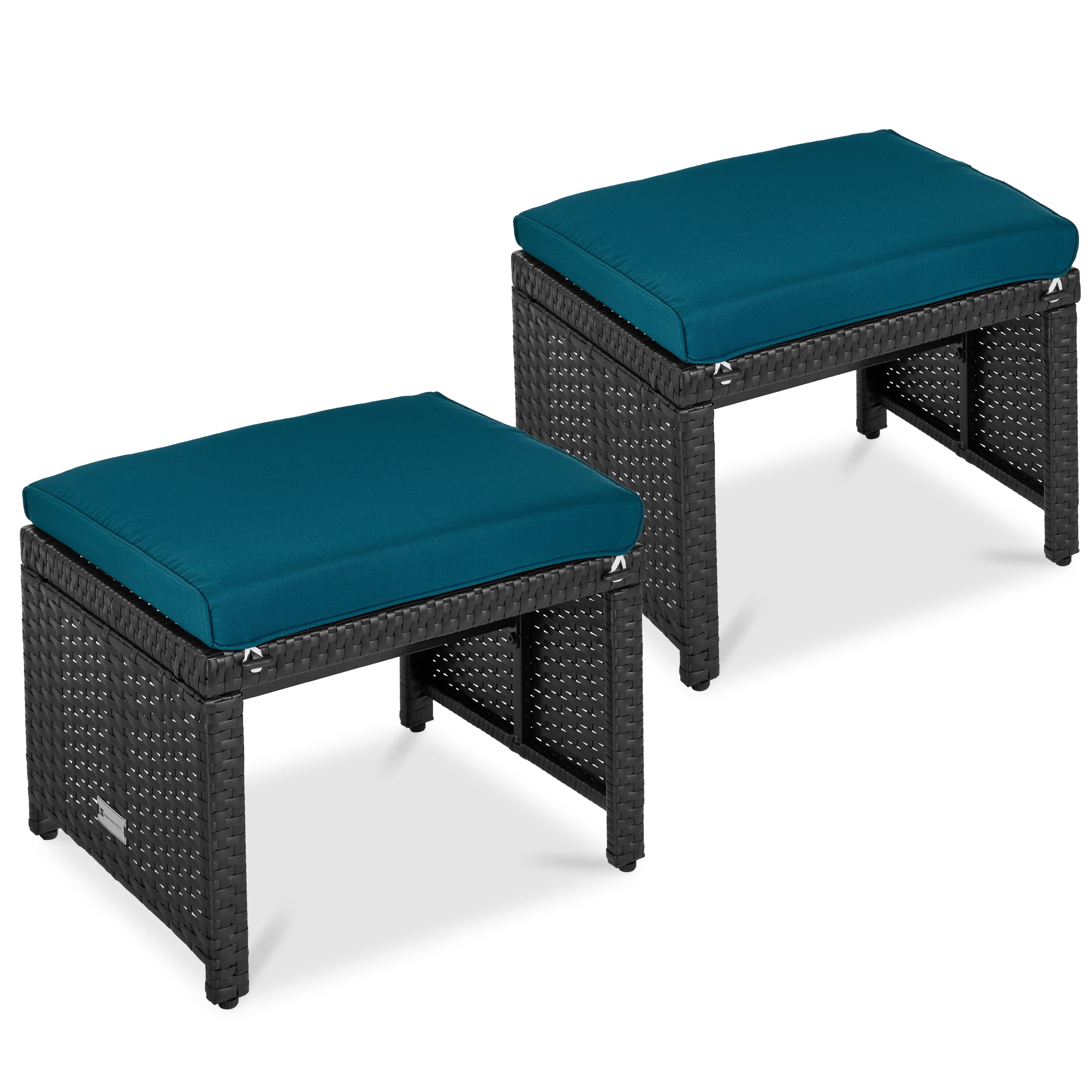 Set of 2 Multipurpose Wicker Ottomans w/ Removable Cushions, Steel Frame - Peacock Blue/Black