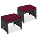 Set of 2 Multipurpose Wicker Ottomans w/ Removable Cushions, Steel Frame - Deep Burgundy/Black