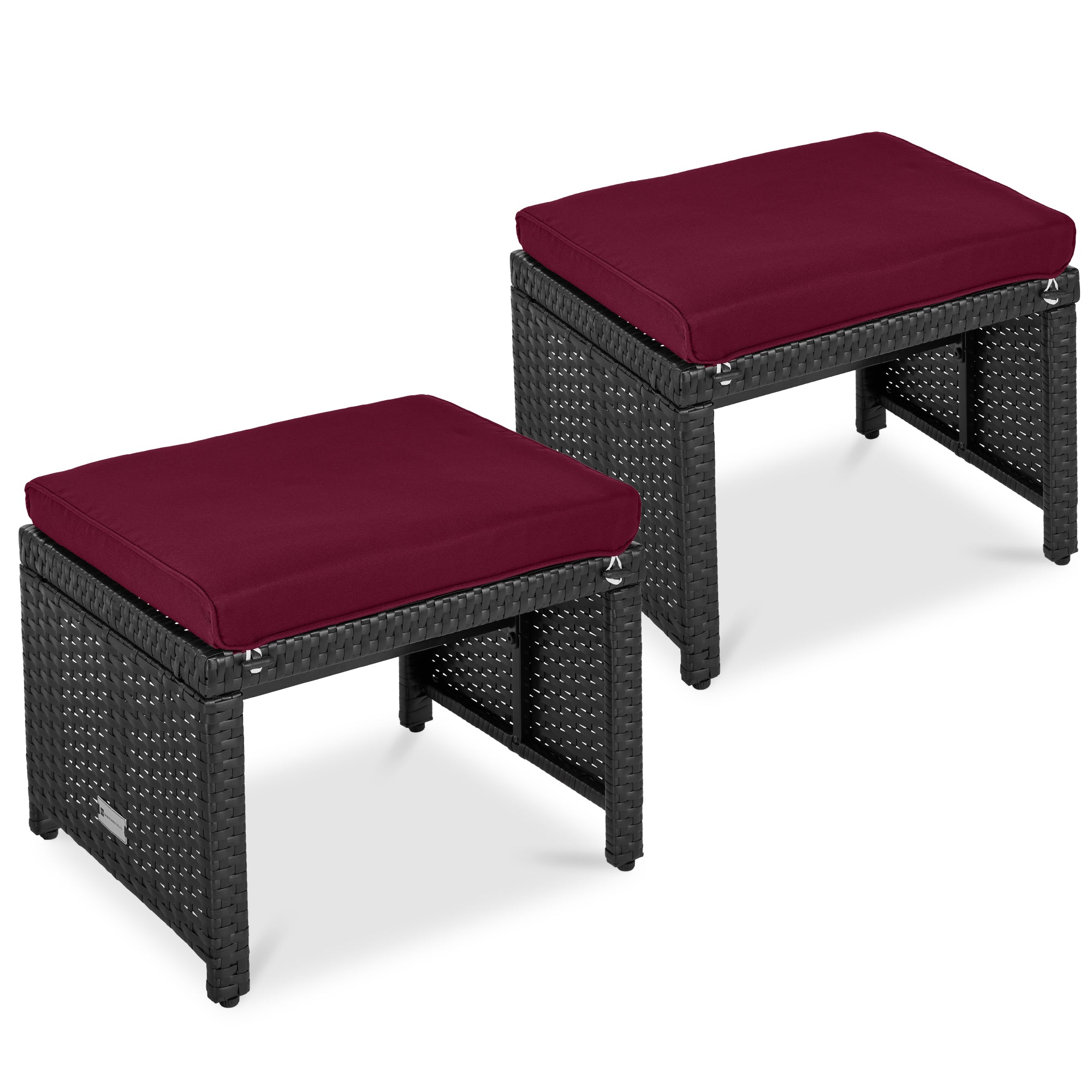 Set of 2 Multipurpose Wicker Ottomans w/ Removable Cushions, Steel Frame - Deep Burgundy/Black