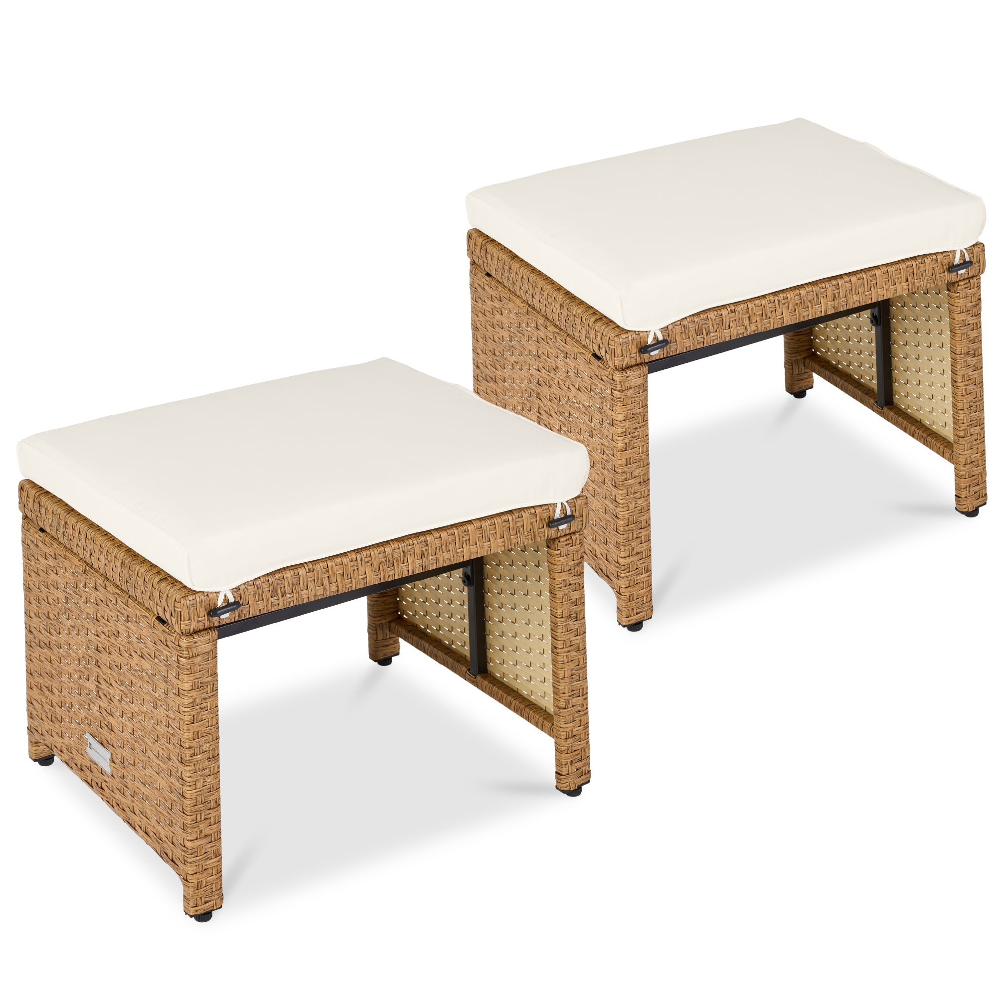 Set of 2 Multipurpose Wicker Ottomans w/ Removable Cushions, Steel Frame - Ivory/Natural