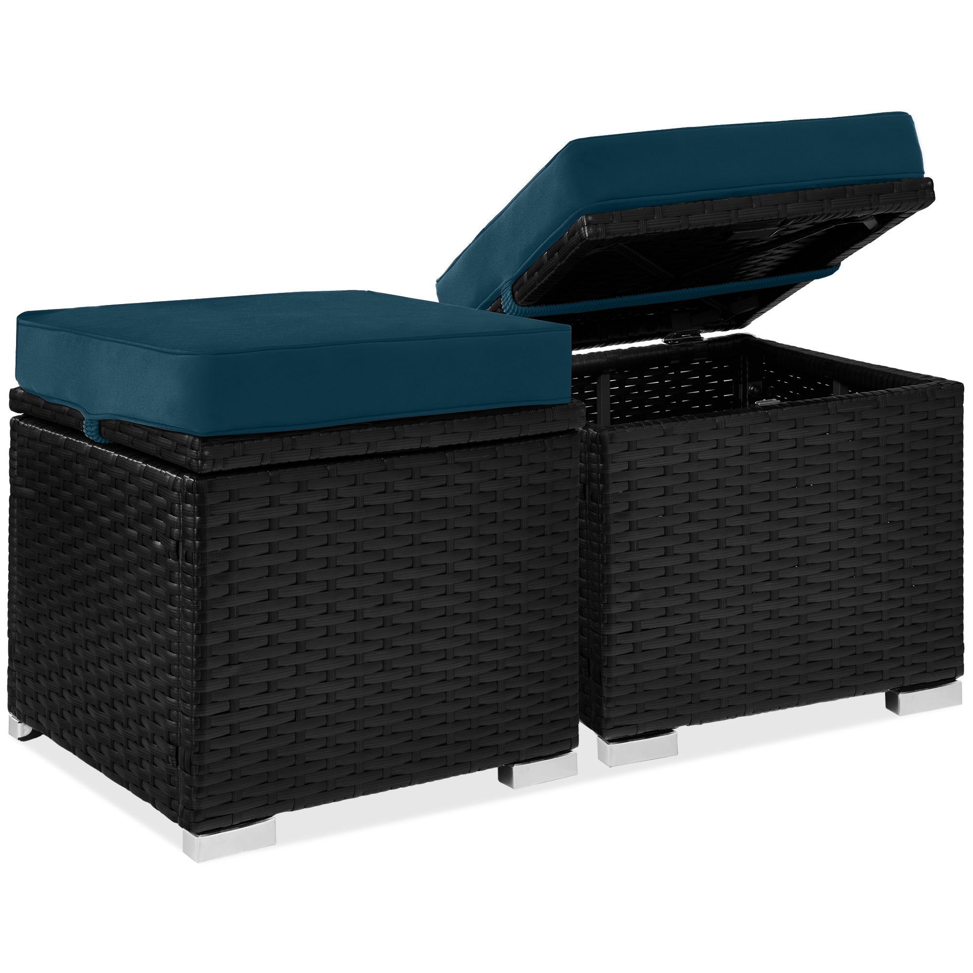 Set of 2 Wicker Ottomans, Multipurpose w/ Removable Cushions, Steel Frame - Peacock Blue/Black