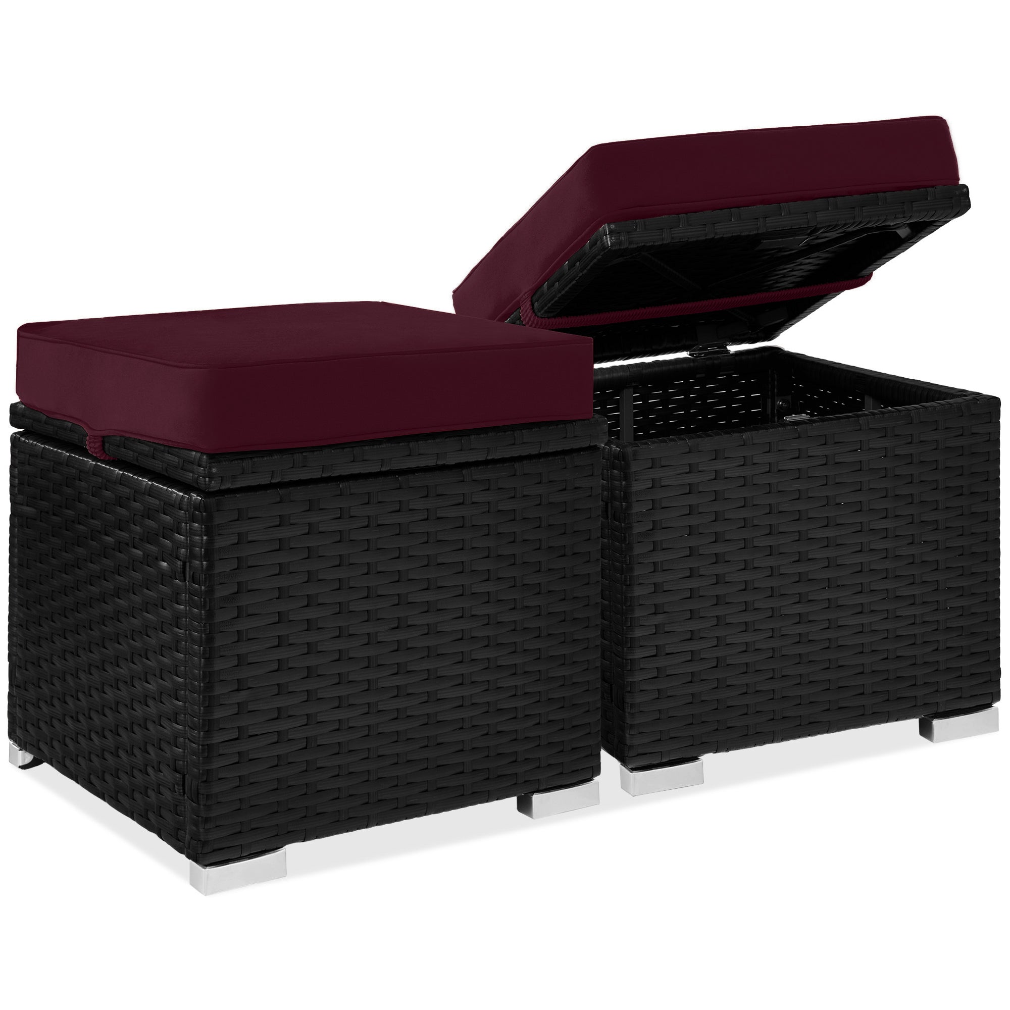 Set of 2 Wicker Ottomans, Multipurpose w/ Removable Cushions, Steel Frame - Deep Burgundy/Black