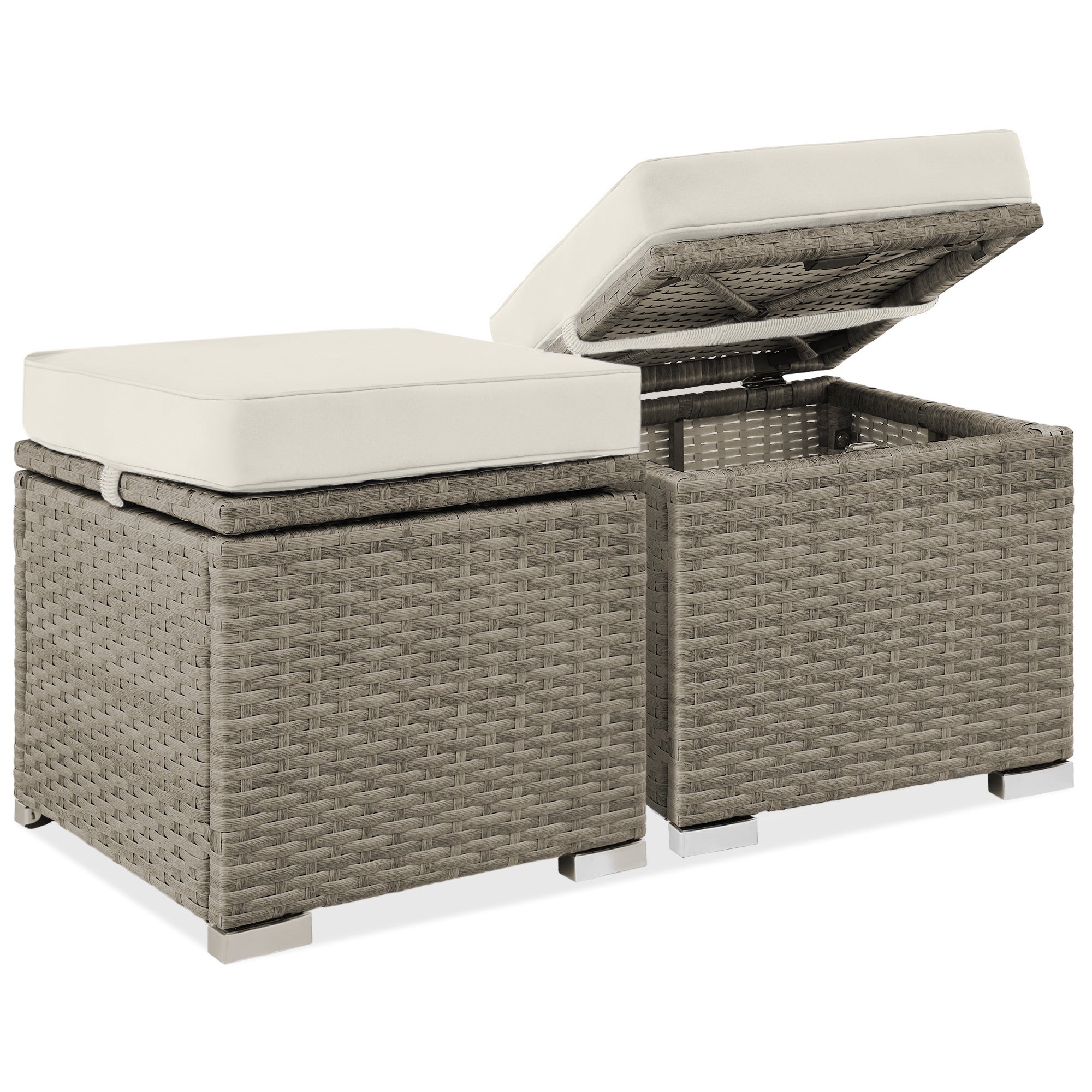 Set of 2 Wicker Ottomans, Multipurpose w/ Removable Cushions, Steel Frame - White Sand/Taupe