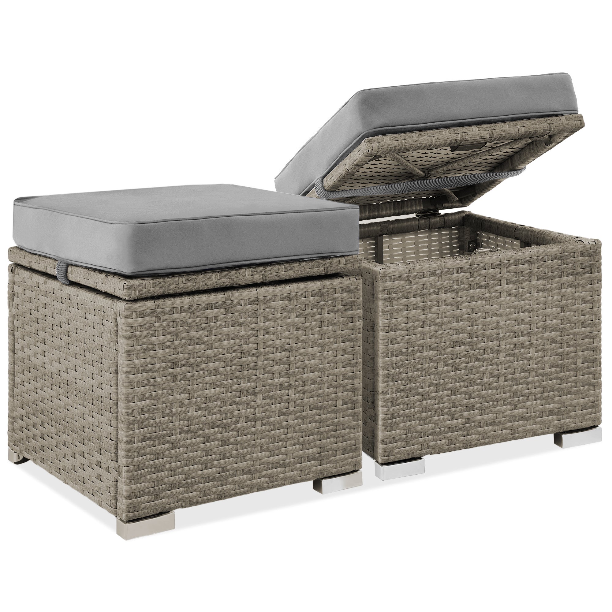 Set of 2 Wicker Ottomans, Multipurpose w/ Removable Cushions, Steel Frame - Cement Gray/Taupe