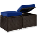 Set of 2 Wicker Ottomans, Multipurpose w/ Removable Cushions, Steel Frame - Navy/Brown