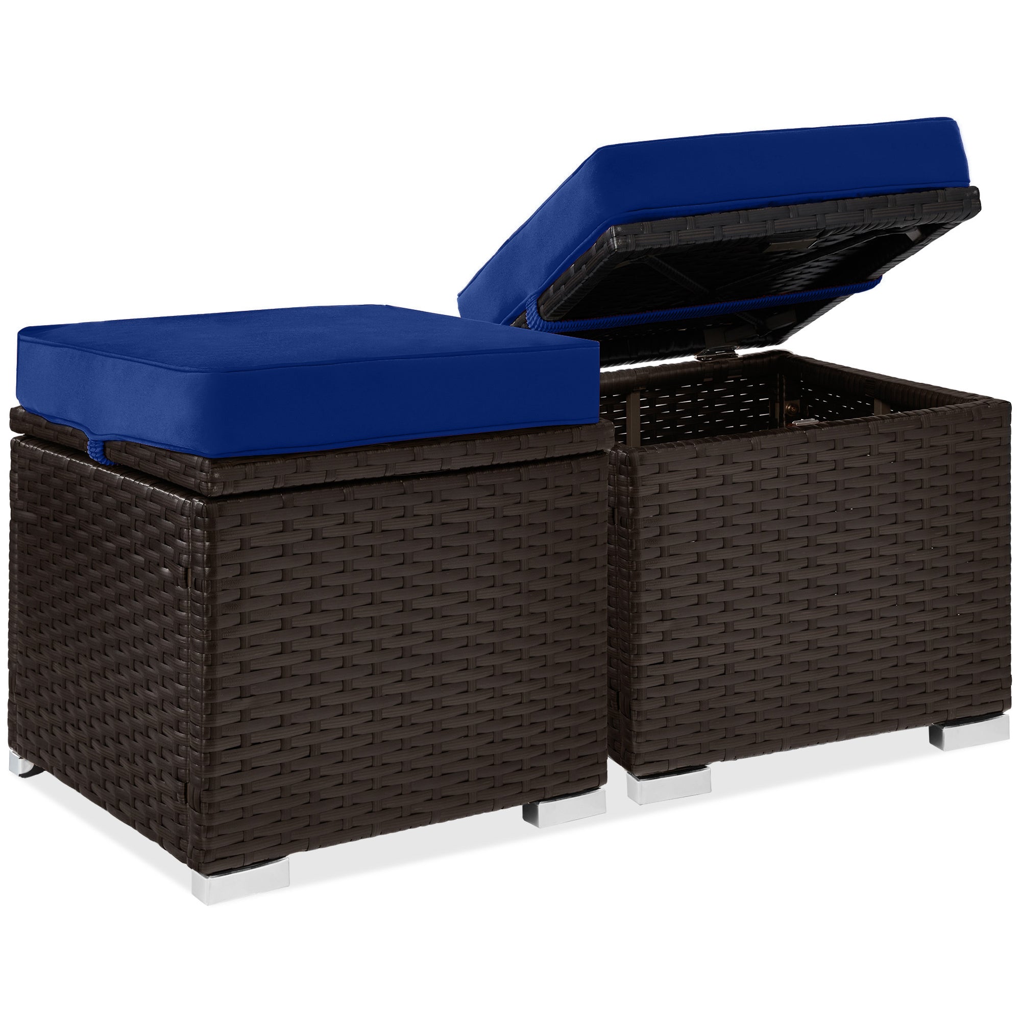 Set of 2 Wicker Ottomans, Multipurpose w/ Removable Cushions, Steel Frame - Navy/Brown