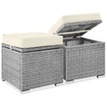 Set of 2 Wicker Ottomans, Multipurpose w/ Removable Cushions, Steel Frame - Cream/Gray