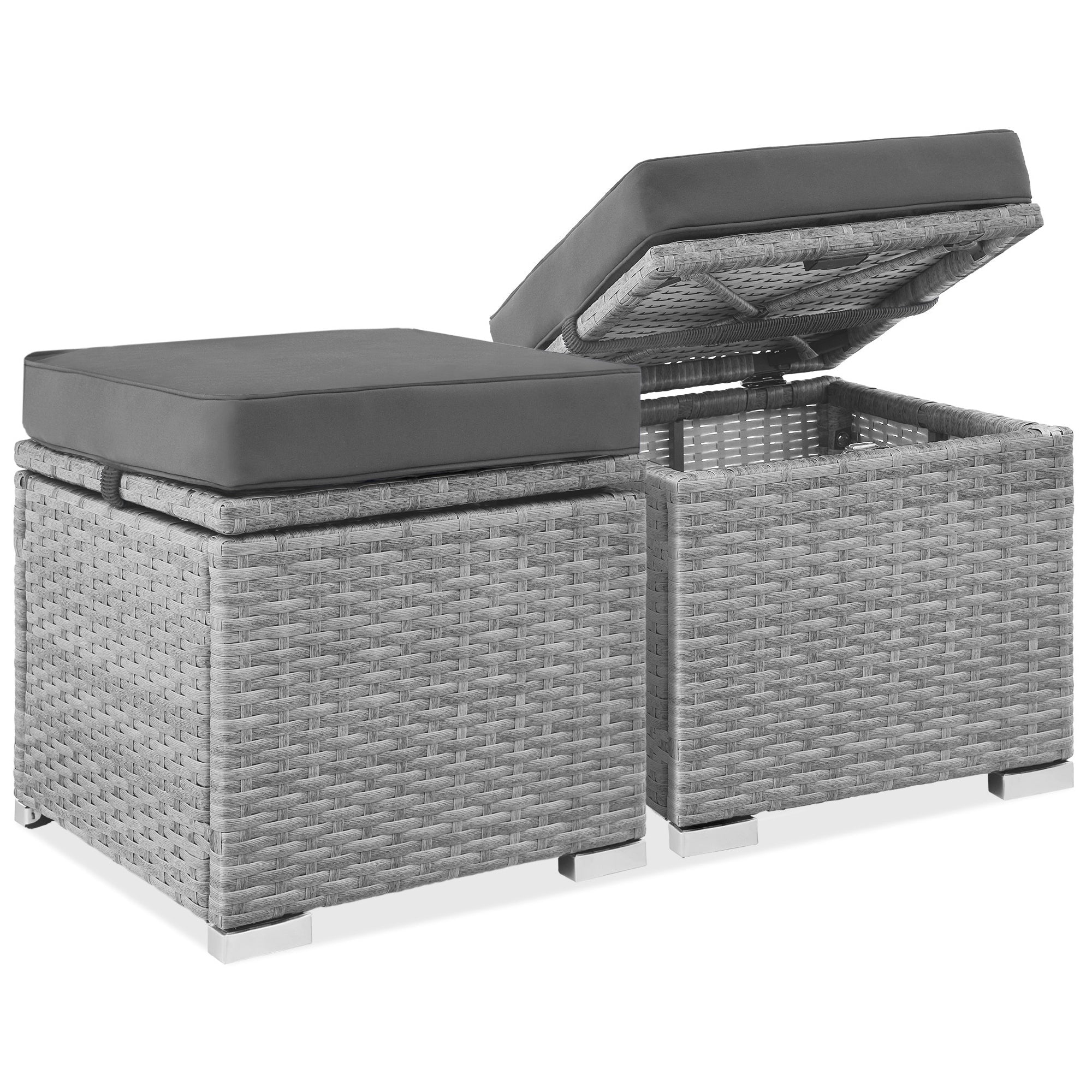 Set of 2 Wicker Ottomans, Multipurpose w/ Removable Cushions, Steel Frame - Gray/Gray