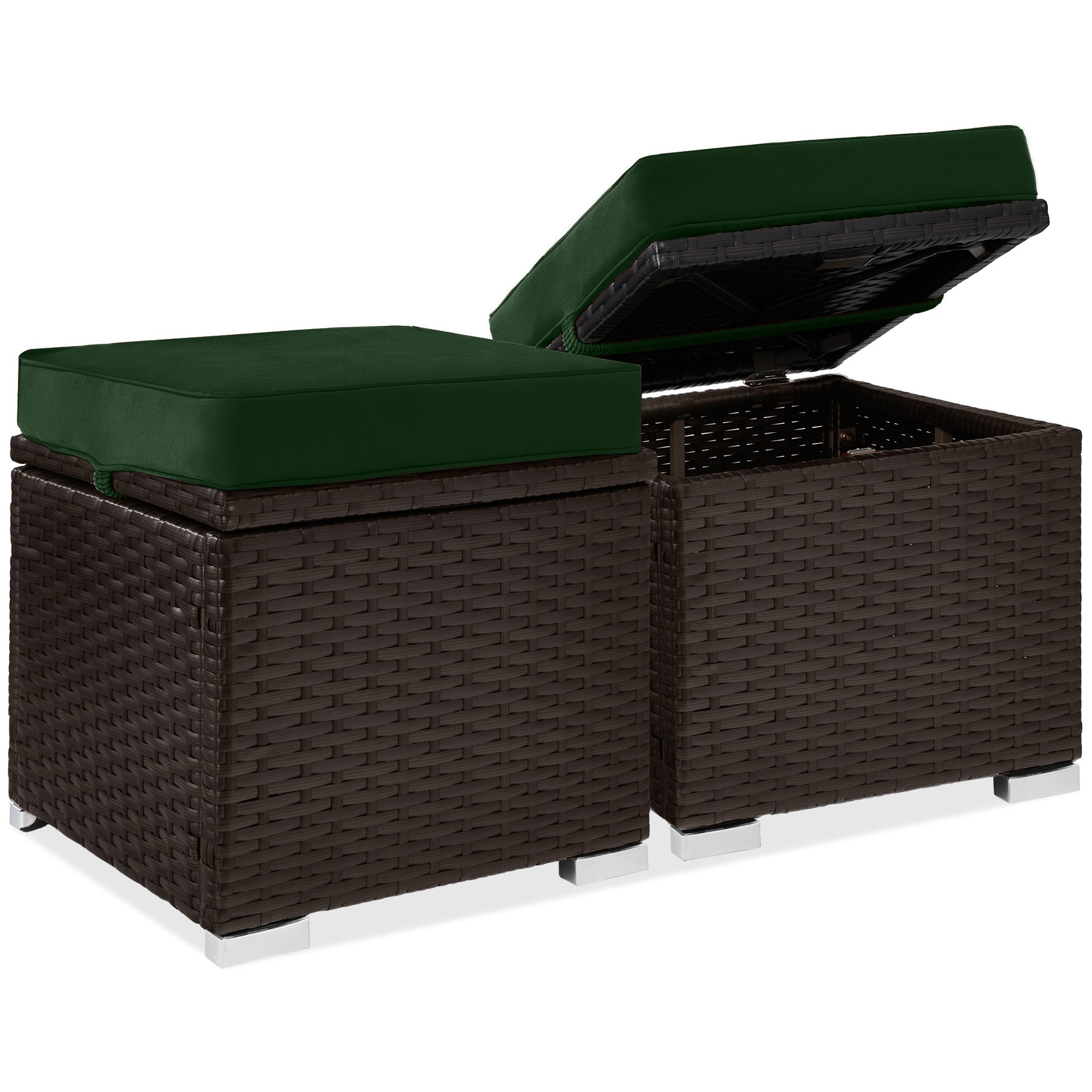 Set of 2 Wicker Ottomans, Multipurpose w/ Removable Cushions, Steel Frame - Midnight Green/Brown