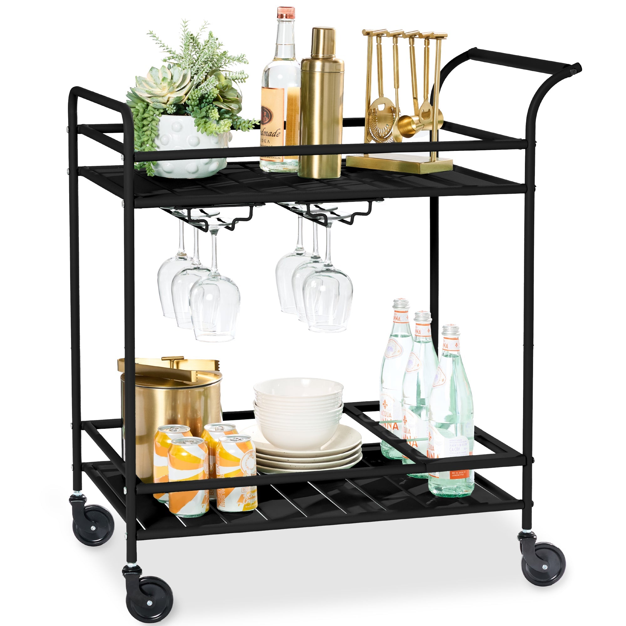 2-Tier Rolling Bar Cart Indoor/Outdoor w/ Shelves, Wine Rack, Locking Wheels - Black