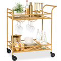 2-Tier Rolling Bar Cart Indoor/Outdoor w/ Shelves, Wine Rack, Locking Wheels - Gold