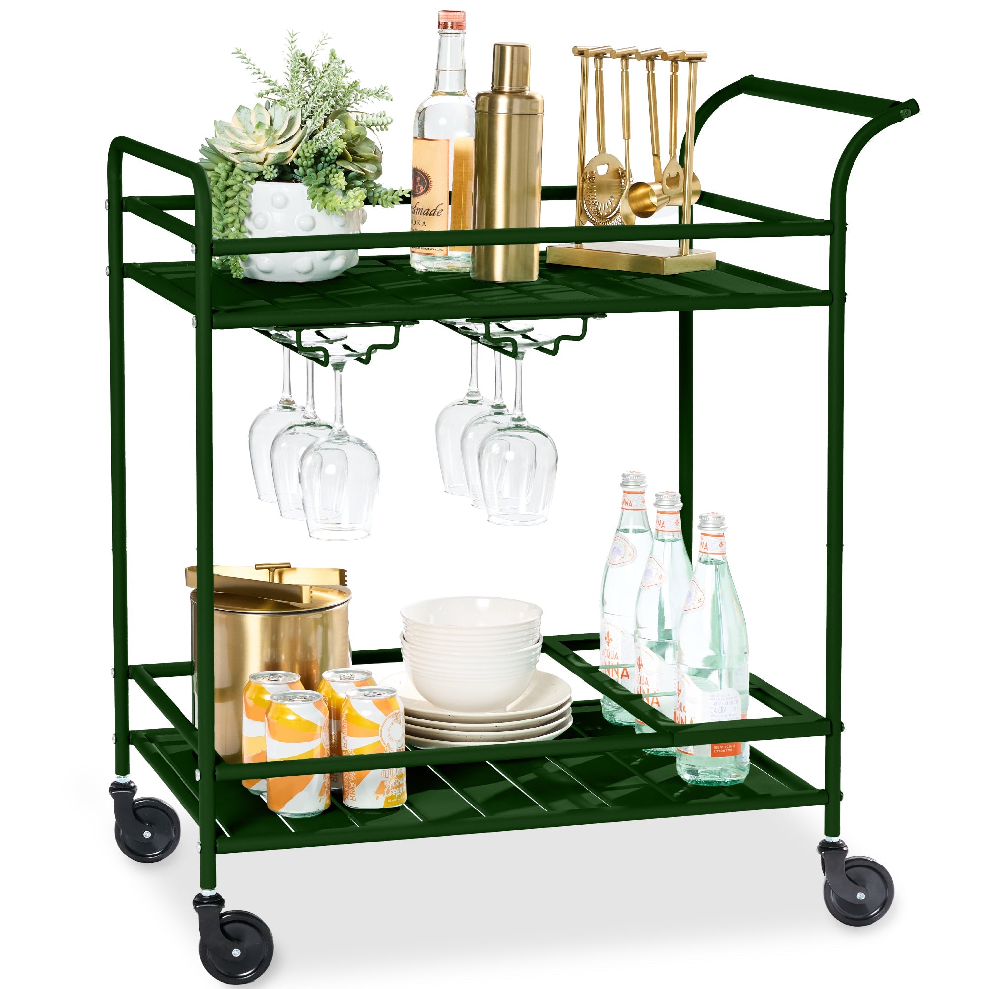 2-Tier Rolling Bar Cart Indoor/Outdoor w/ Shelves, Wine Rack, Locking Wheels - Deep Green