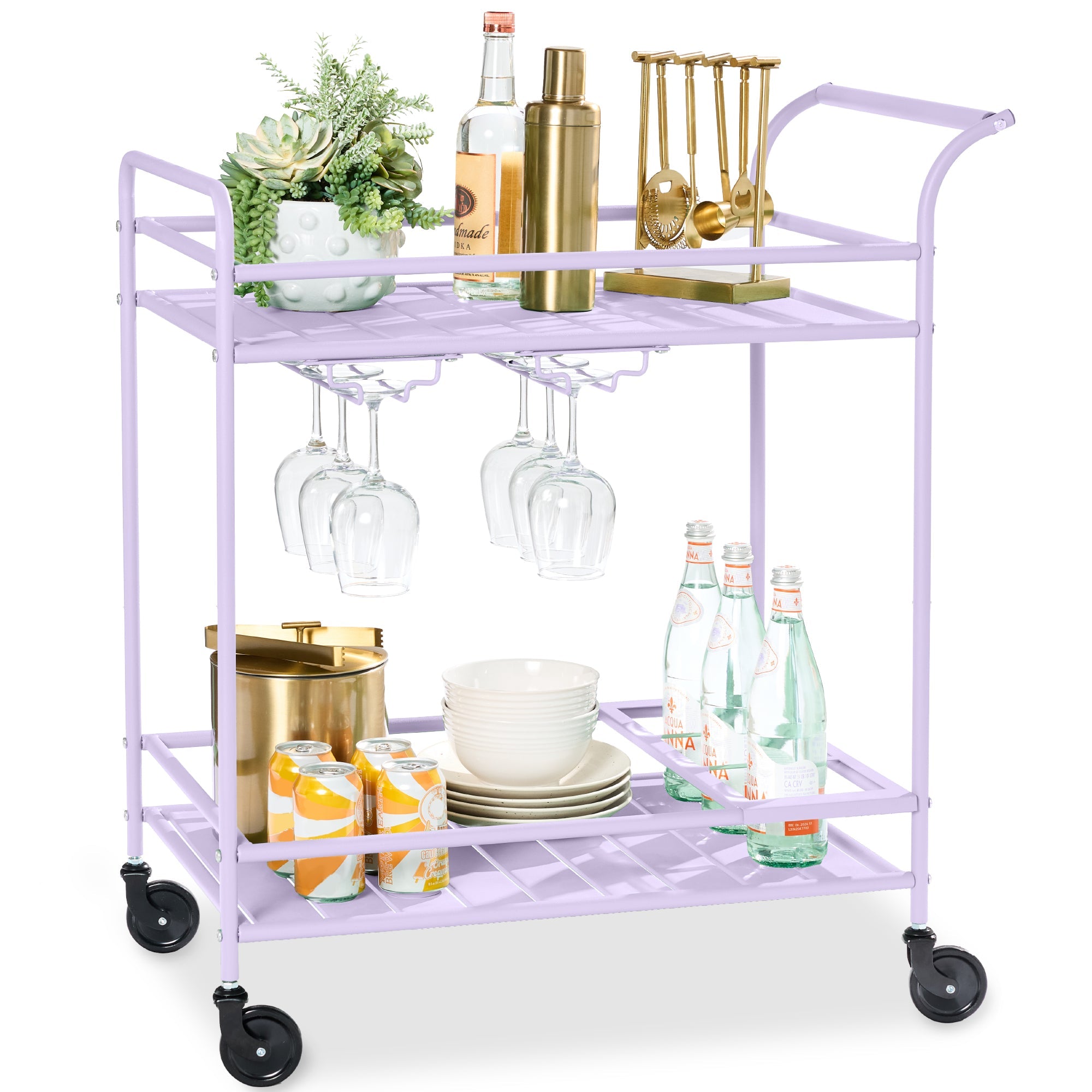 2-Tier Rolling Bar Cart Indoor/Outdoor w/ Shelves, Wine Rack, Locking Wheels - Lavender