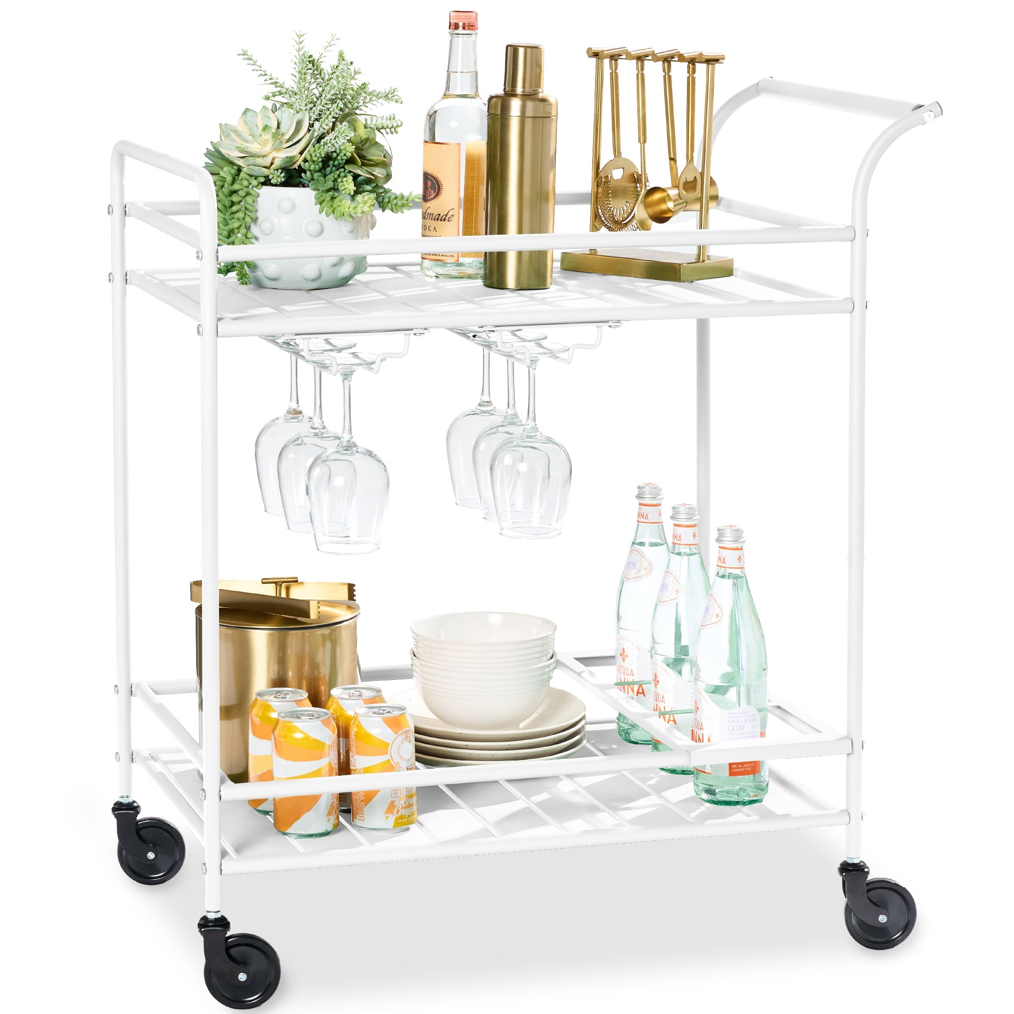 2-Tier Rolling Bar Cart Indoor/Outdoor w/ Shelves, Wine Rack, Locking Wheels - White