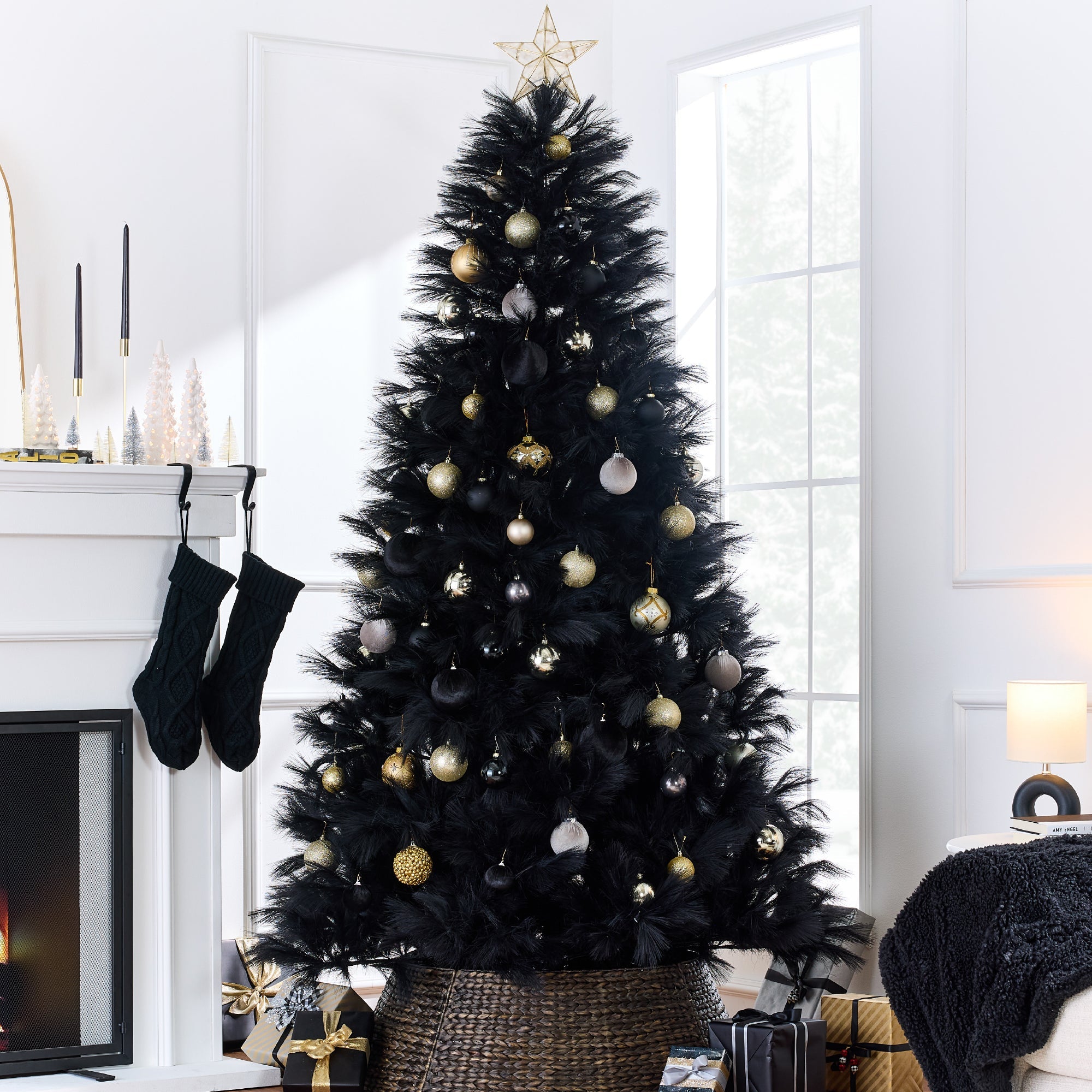 Premium Artificial Black Pampas Christmas Tree w/ Foldable Metal Base - 6ft