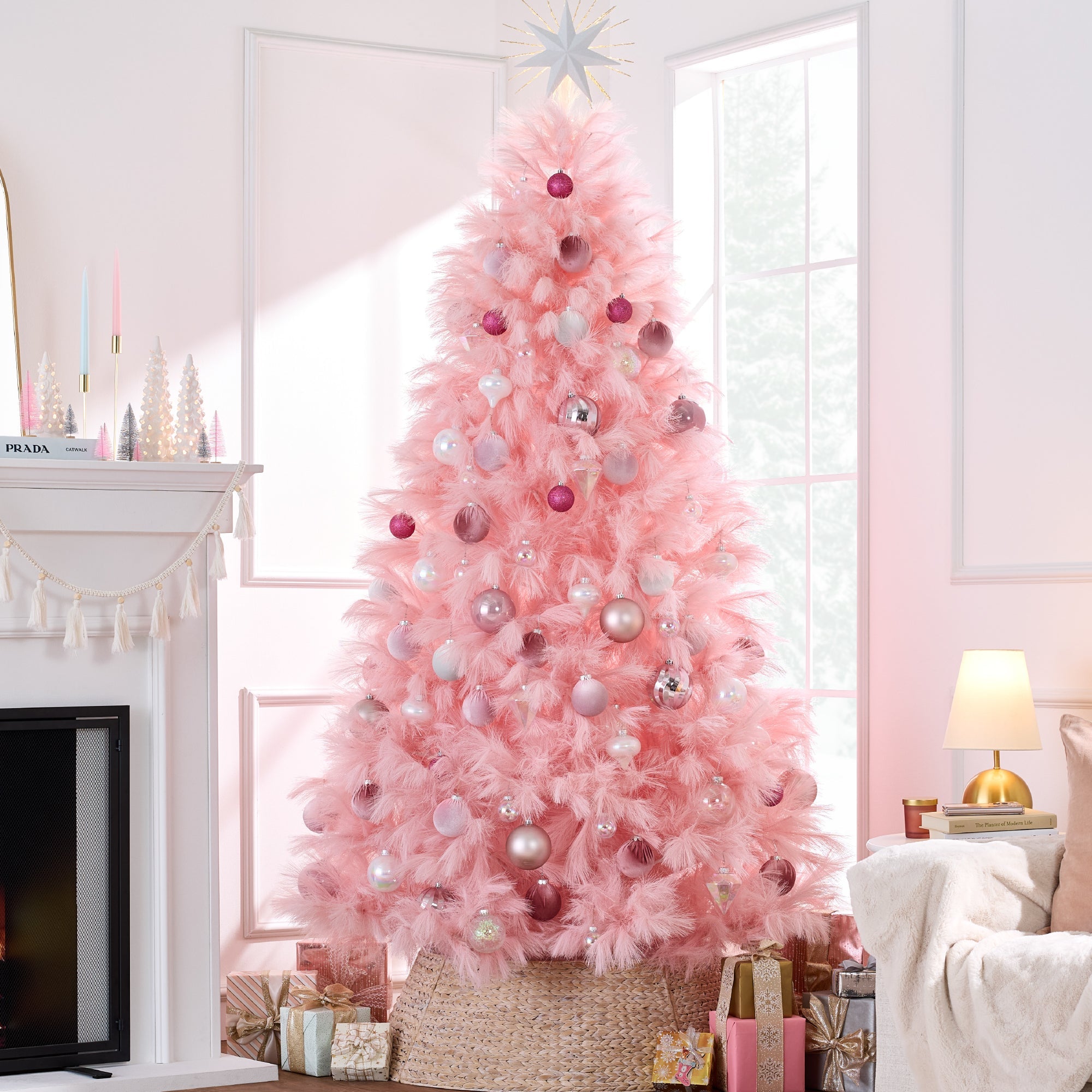 Premium Artificial Pink Pampas Christmas Tree w/ Foldable Metal Base - 6ft