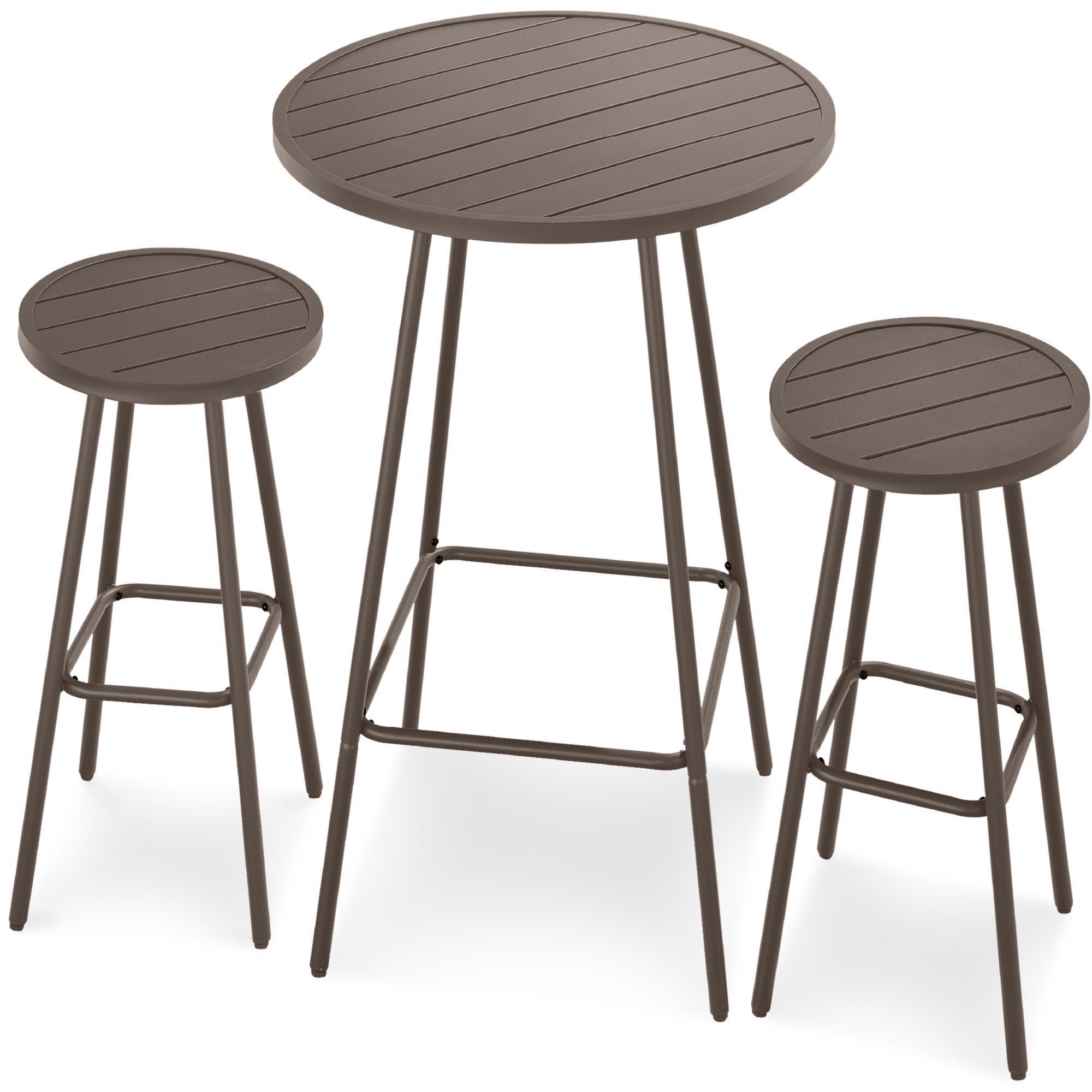 3-Piece Patio Bar Height Bistro Set w/ Backless Stools, Slatted Design - Taupe