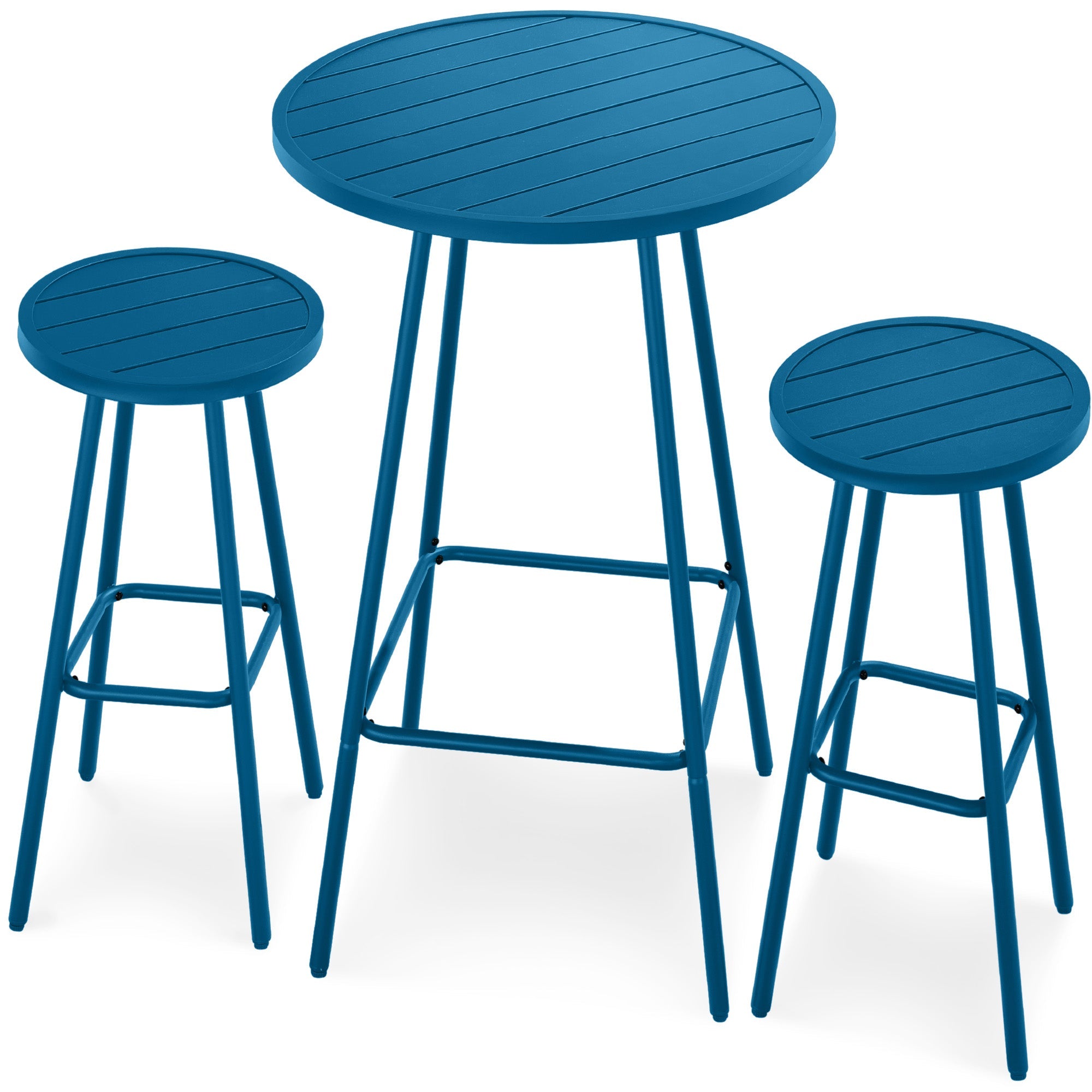 3-Piece Patio Bar Height Bistro Set w/ Backless Stools, Slatted Design - Peacock Blue