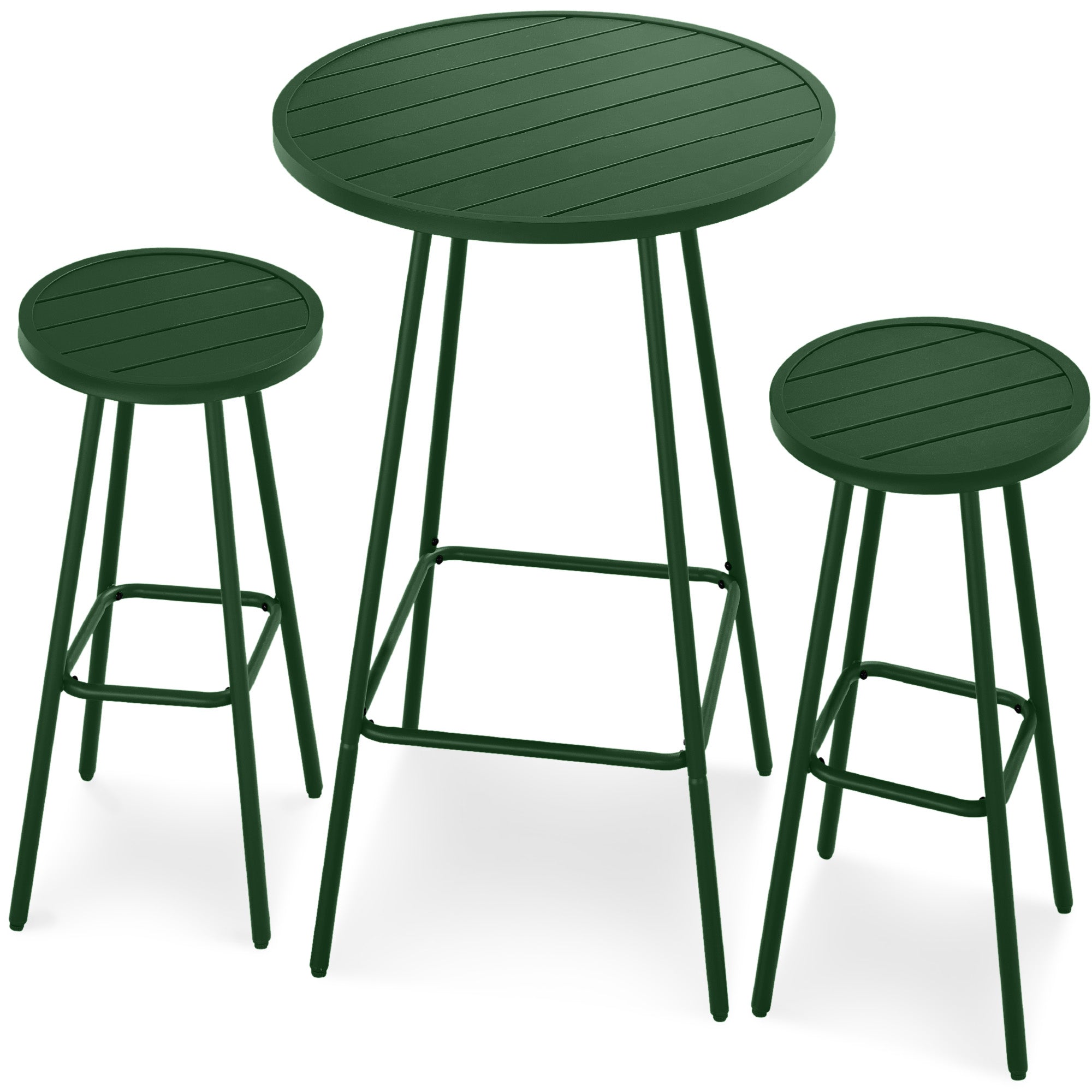 3-Piece Patio Bar Height Bistro Set w/ Backless Stools, Slatted Design - Dark Green