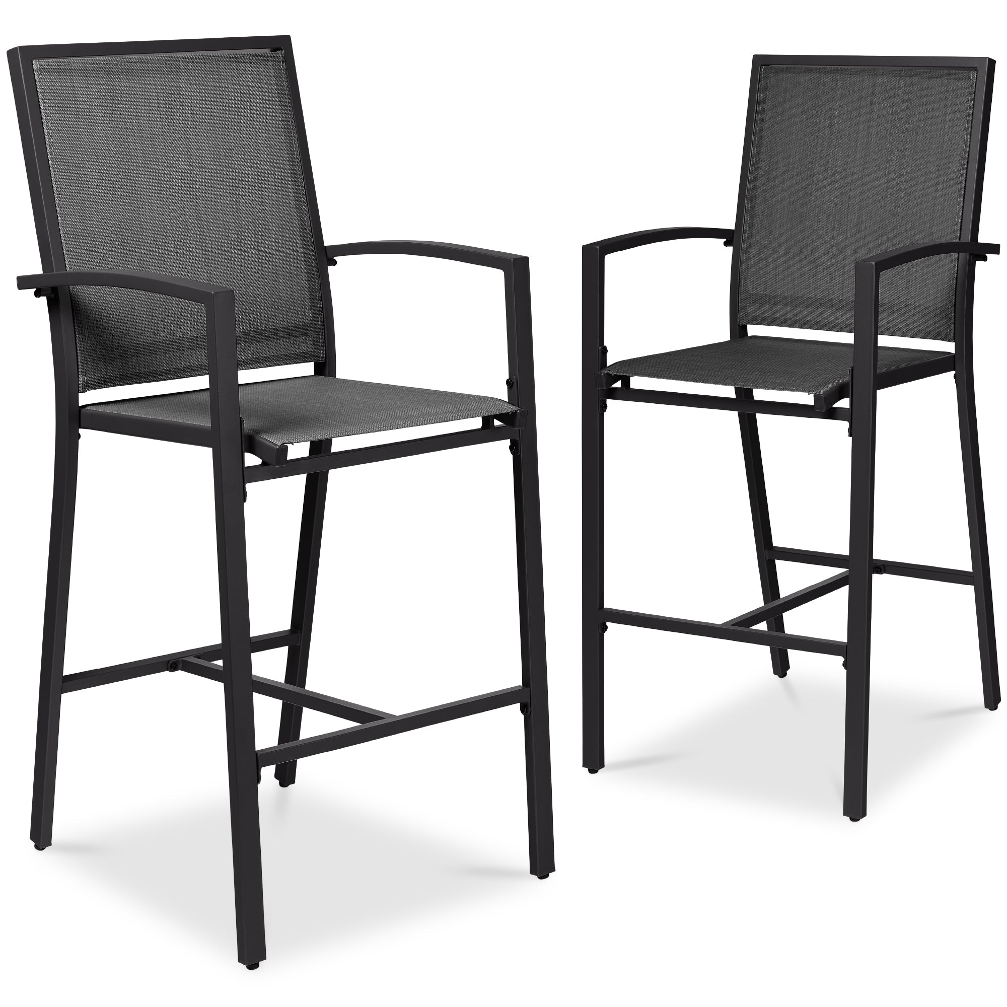 Set of 2 Outdoor Barstools, Patio Chairs w/ Footrests, All-Weather Mesh - Black/Black