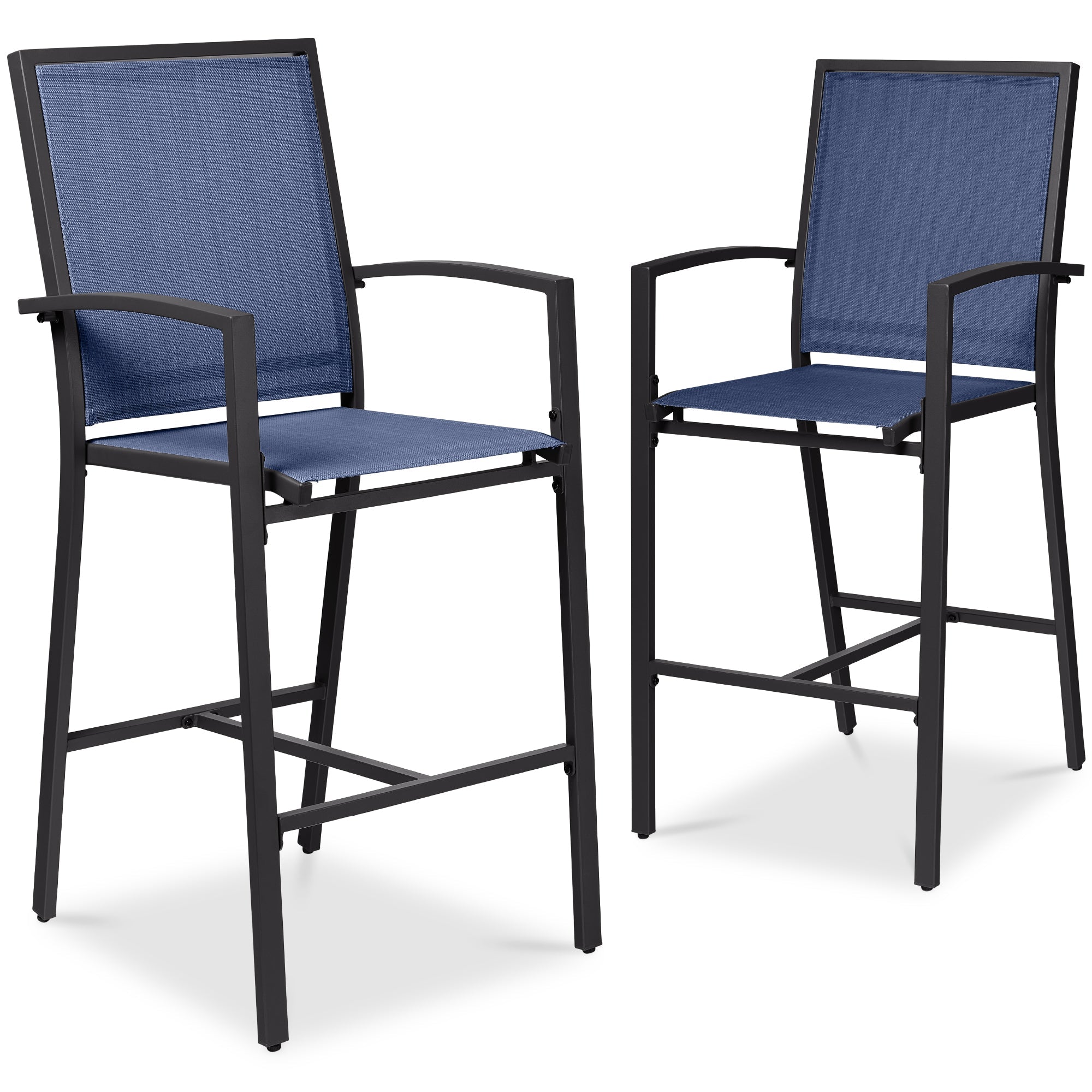 Set of 2 Outdoor Barstools, Patio Chairs w/ Footrests, All-Weather Mesh - Black/Navy