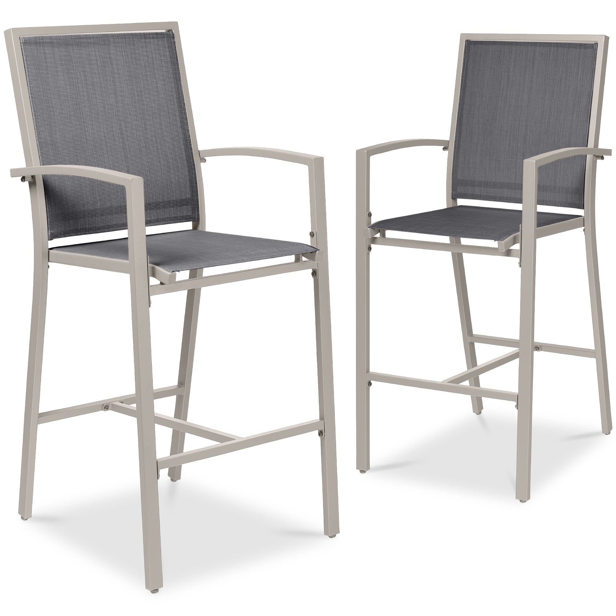 Set of 2 Outdoor Barstools, Patio Chairs w/ Footrests, All-Weather Mesh - Taupe/Charcoal