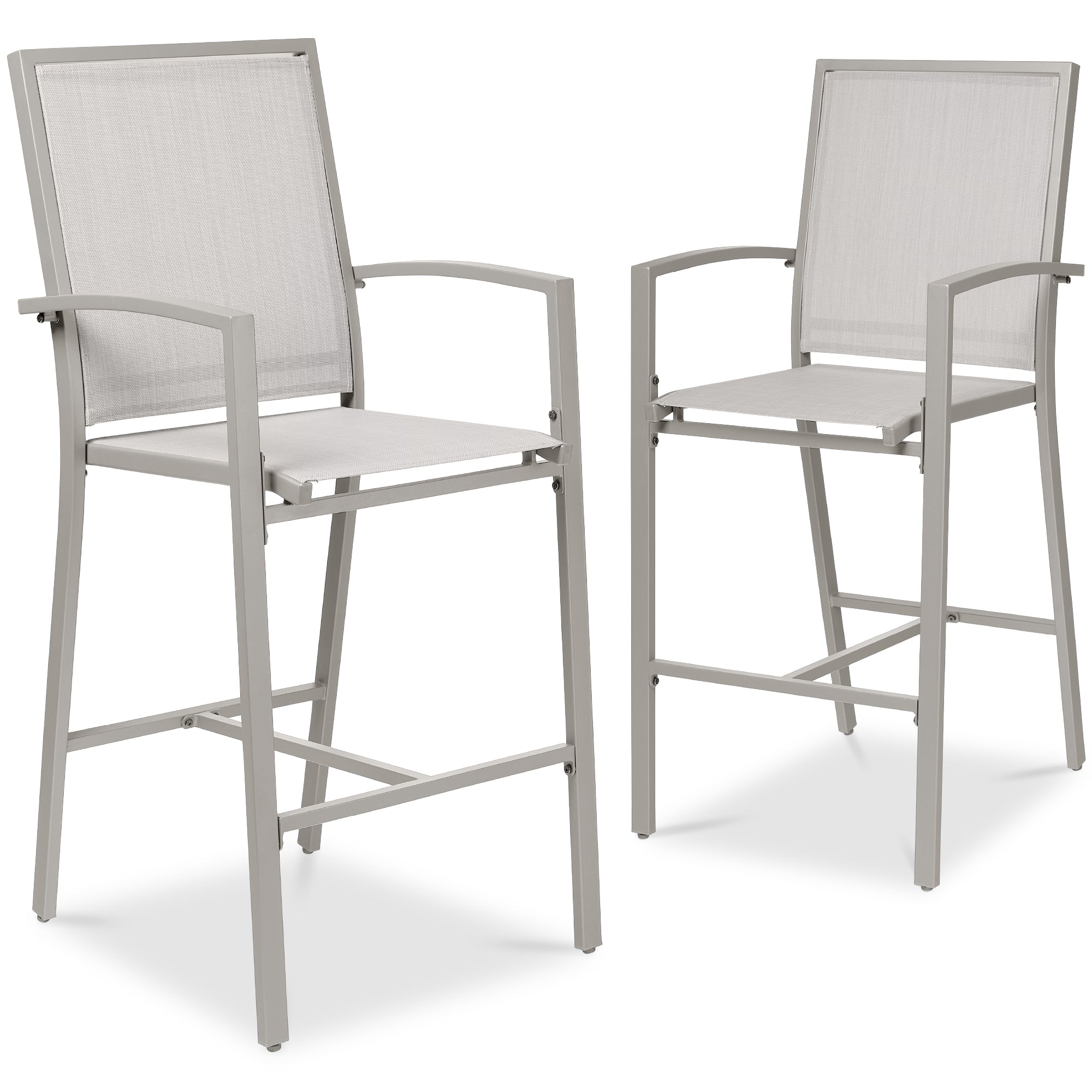 Set of 2 Outdoor Barstools, Patio Chairs w/ Footrests, All-Weather Mesh - Gray/Gray