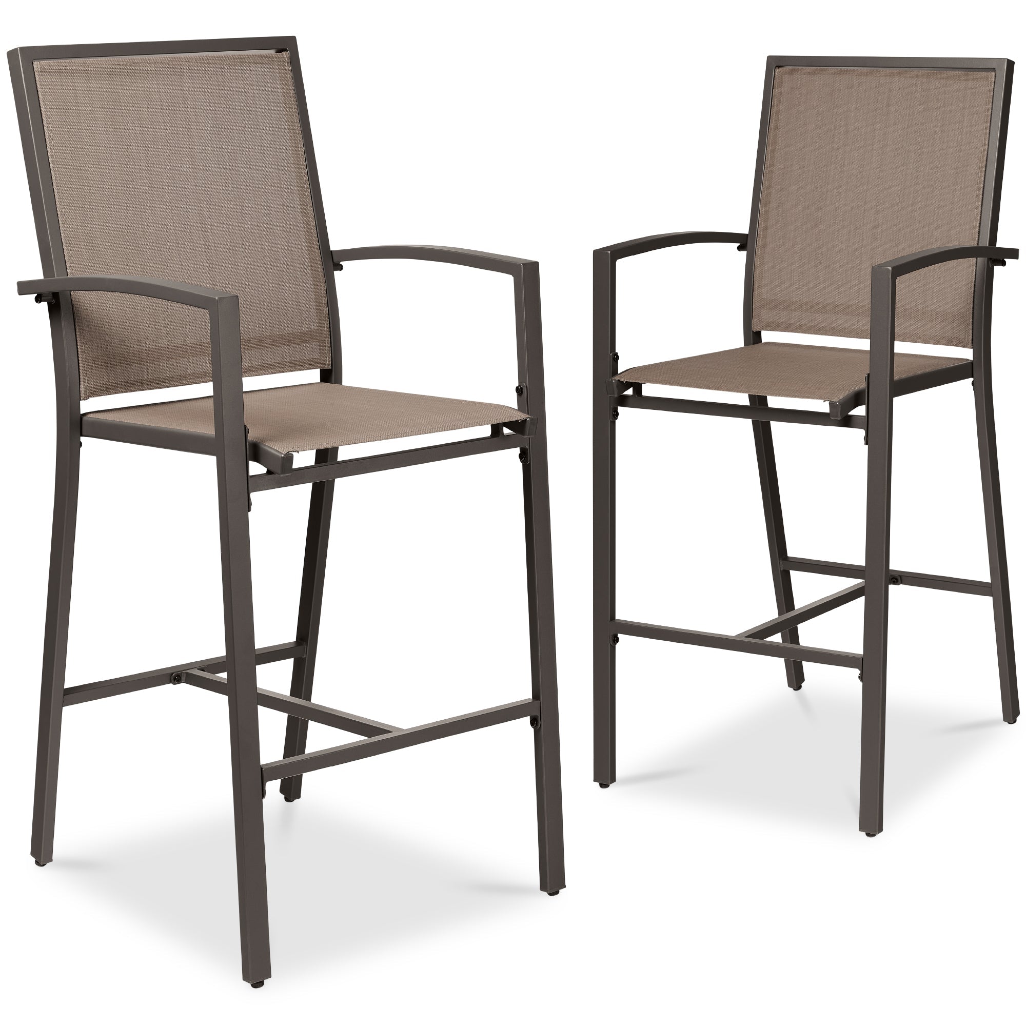 Set of 2 Outdoor Barstools, Patio Chairs w/ Footrests, All-Weather Mesh - Brown/Brown