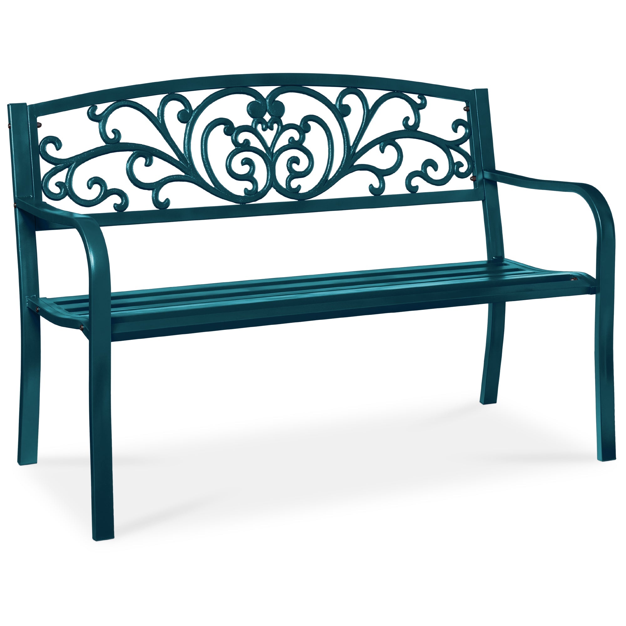 Steel Bench for Outdoor, Patio, Garden w/ Floral Design - 50in - Peacock Blue