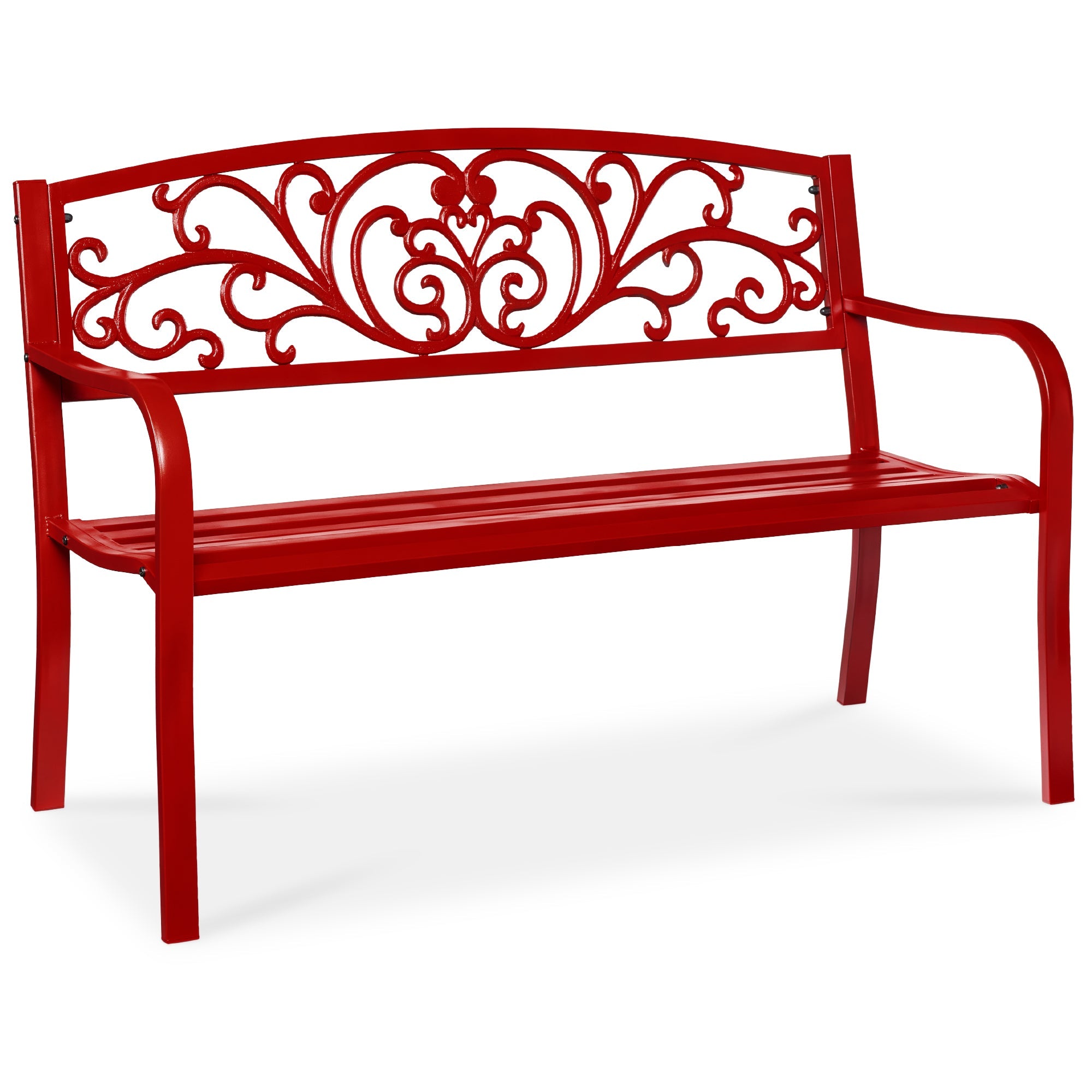 Steel Bench for Outdoor, Patio, Garden w/ Floral Design - 50in - Red