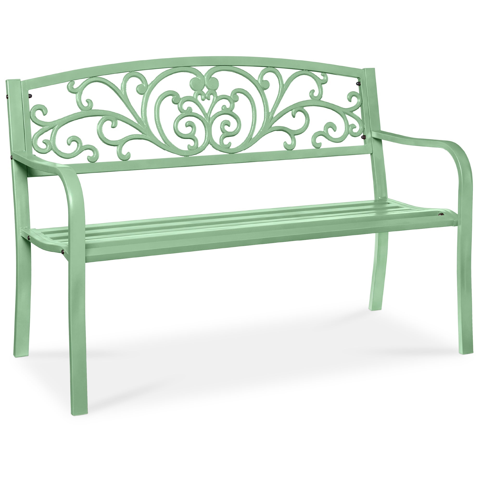 Steel Bench for Outdoor, Patio, Garden w/ Floral Design - 50in - Mint Green