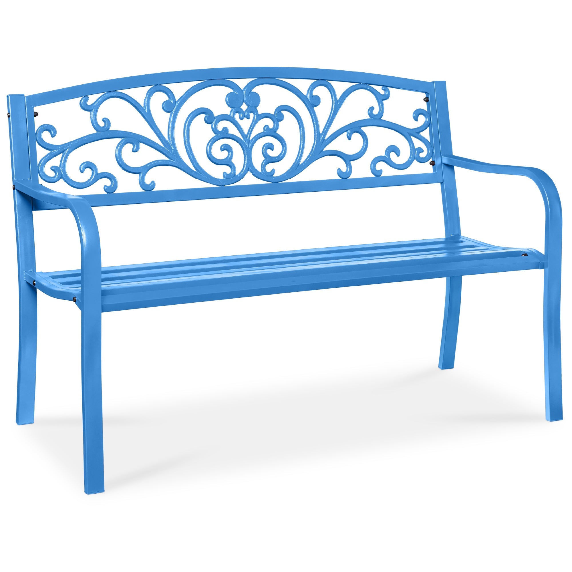 Steel Bench for Outdoor, Patio, Garden w/ Floral Design - 50in - Ocean Blue