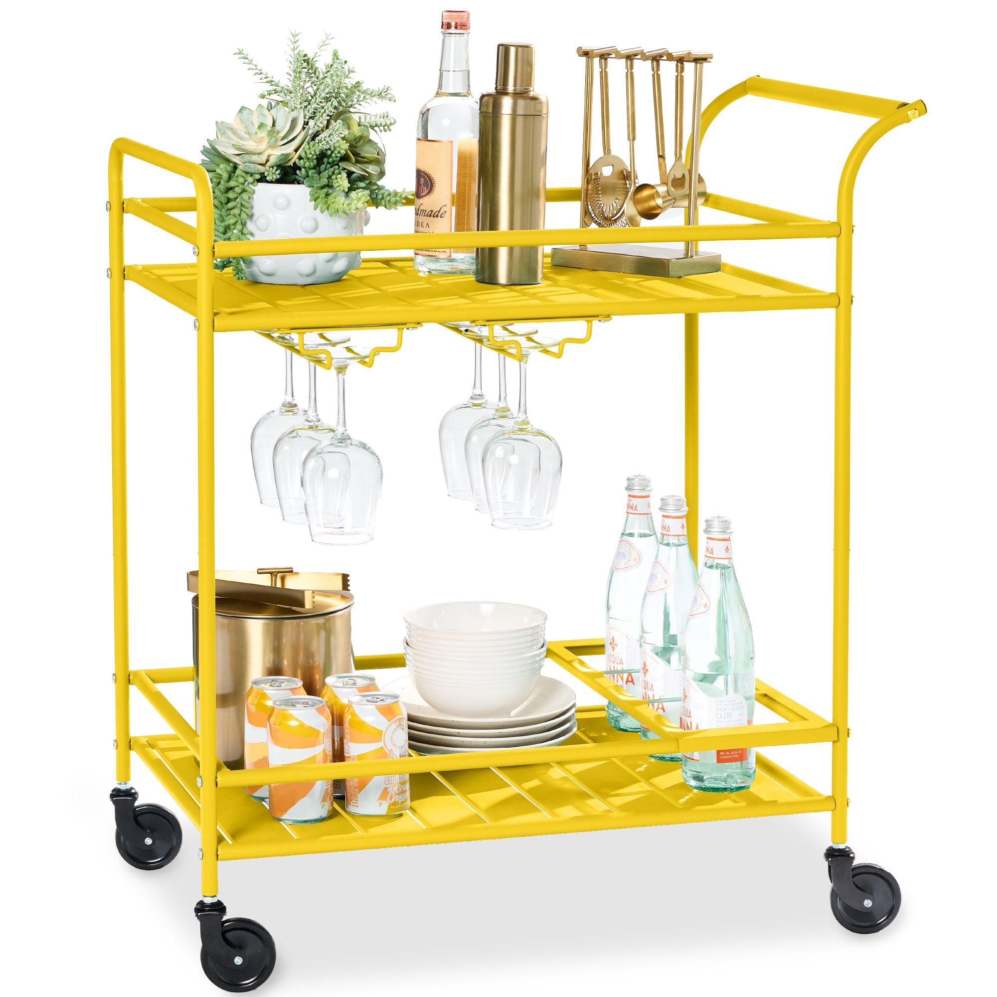 2-Tier Rolling Bar Cart Indoor/Outdoor w/ Shelves, Wine Rack, Locking Wheels - Yellow