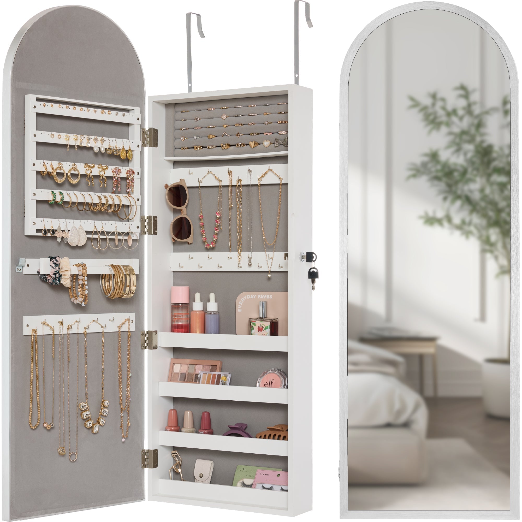Door/Wall Mounted Arch Mirror Jewelry Armoire, w/ Metal Frame, Built-In Lock - Silver