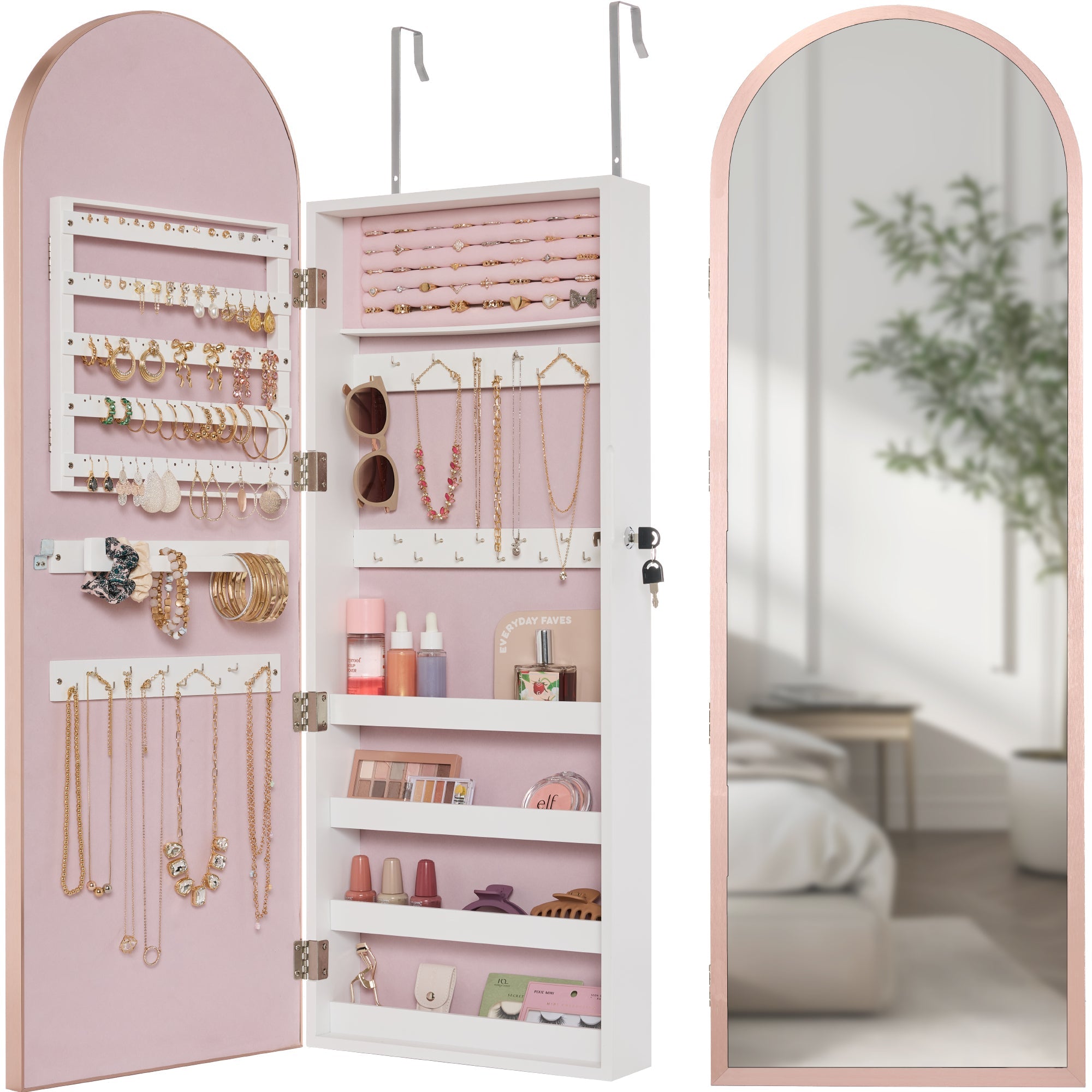 Door/Wall Mounted Arch Mirror Jewelry Armoire, w/ Metal Frame, Built-In Lock - Rose Gold