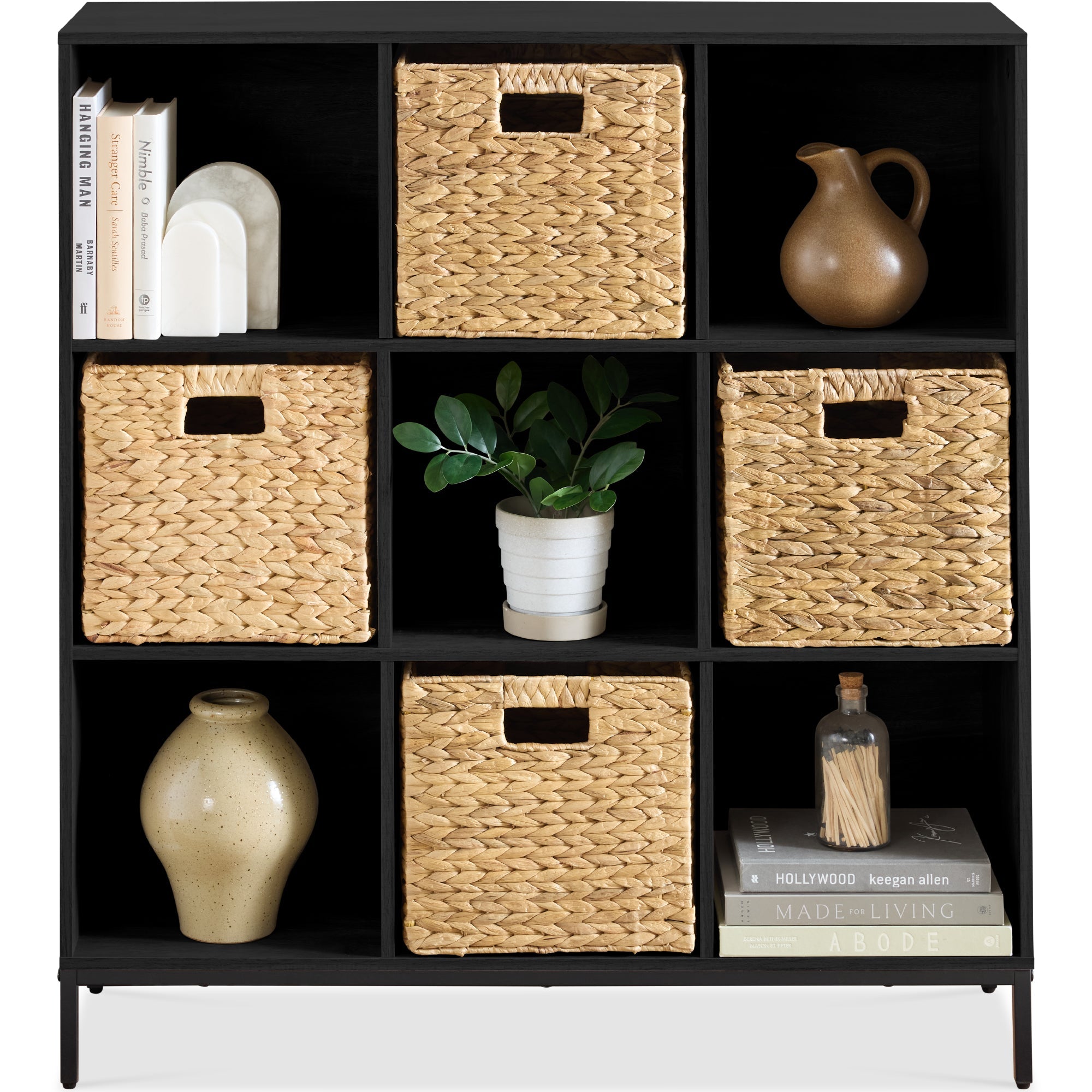 Elevated 9-Cube Storage Organizer, 11in Bookshelf, w/ Metal Legs - Black