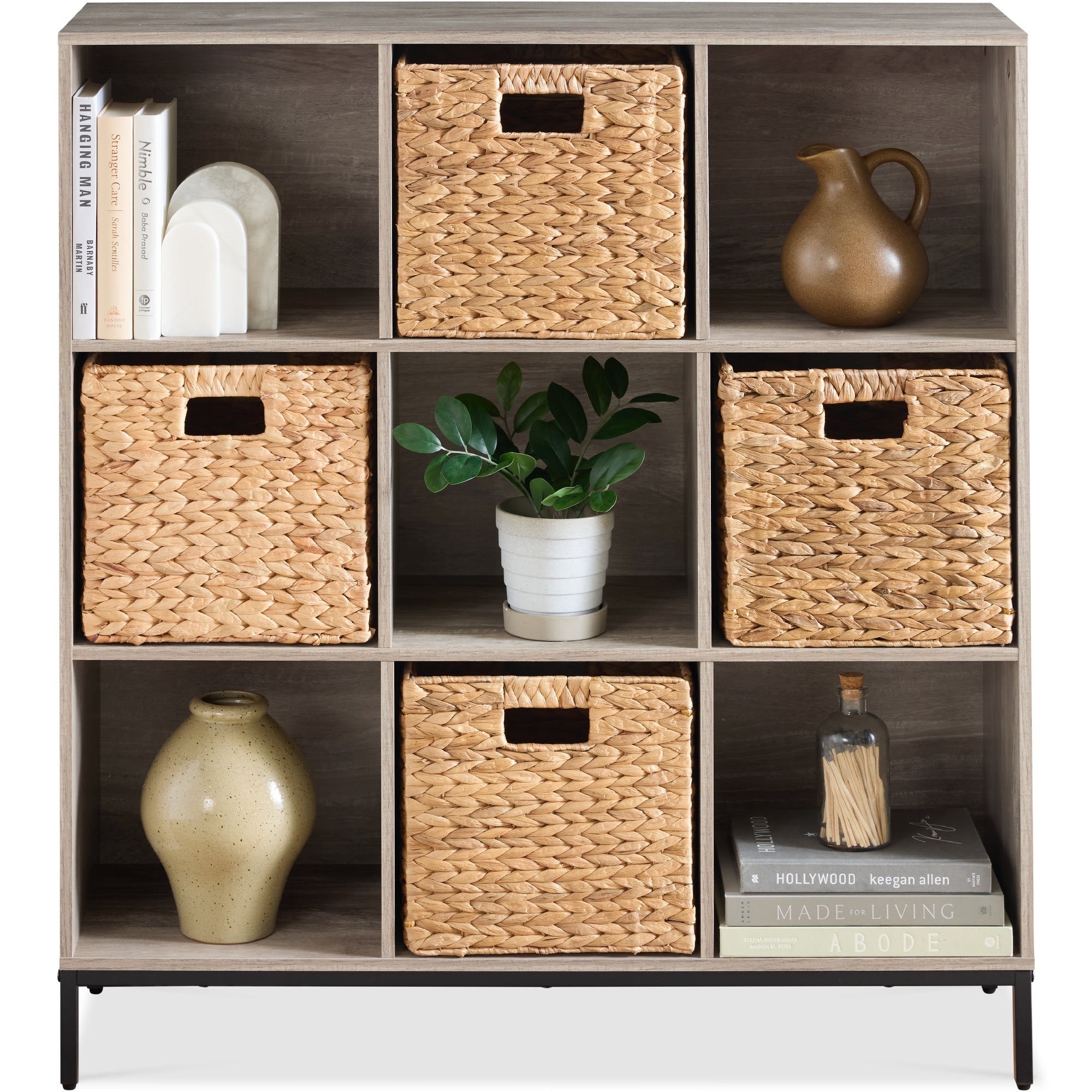 Elevated 9-Cube Storage Organizer, 11in Bookshelf, w/ Metal Legs - Greige