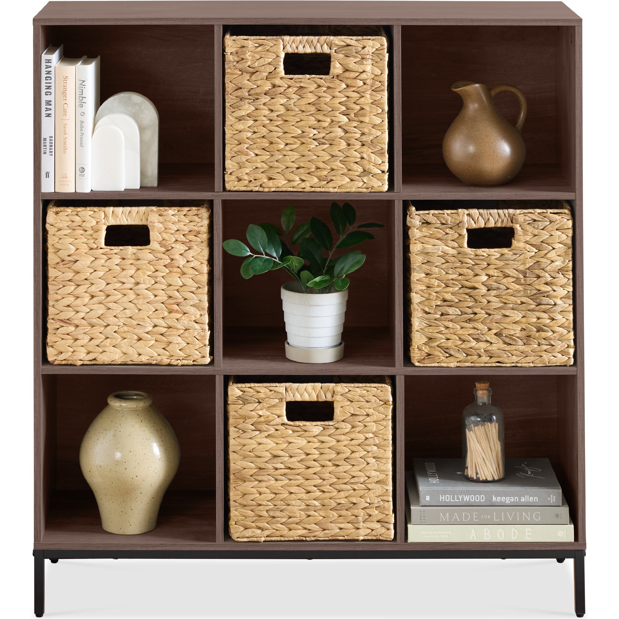 Elevated 9-Cube Storage Organizer, 11in Bookshelf, w/ Metal Legs - Walnut