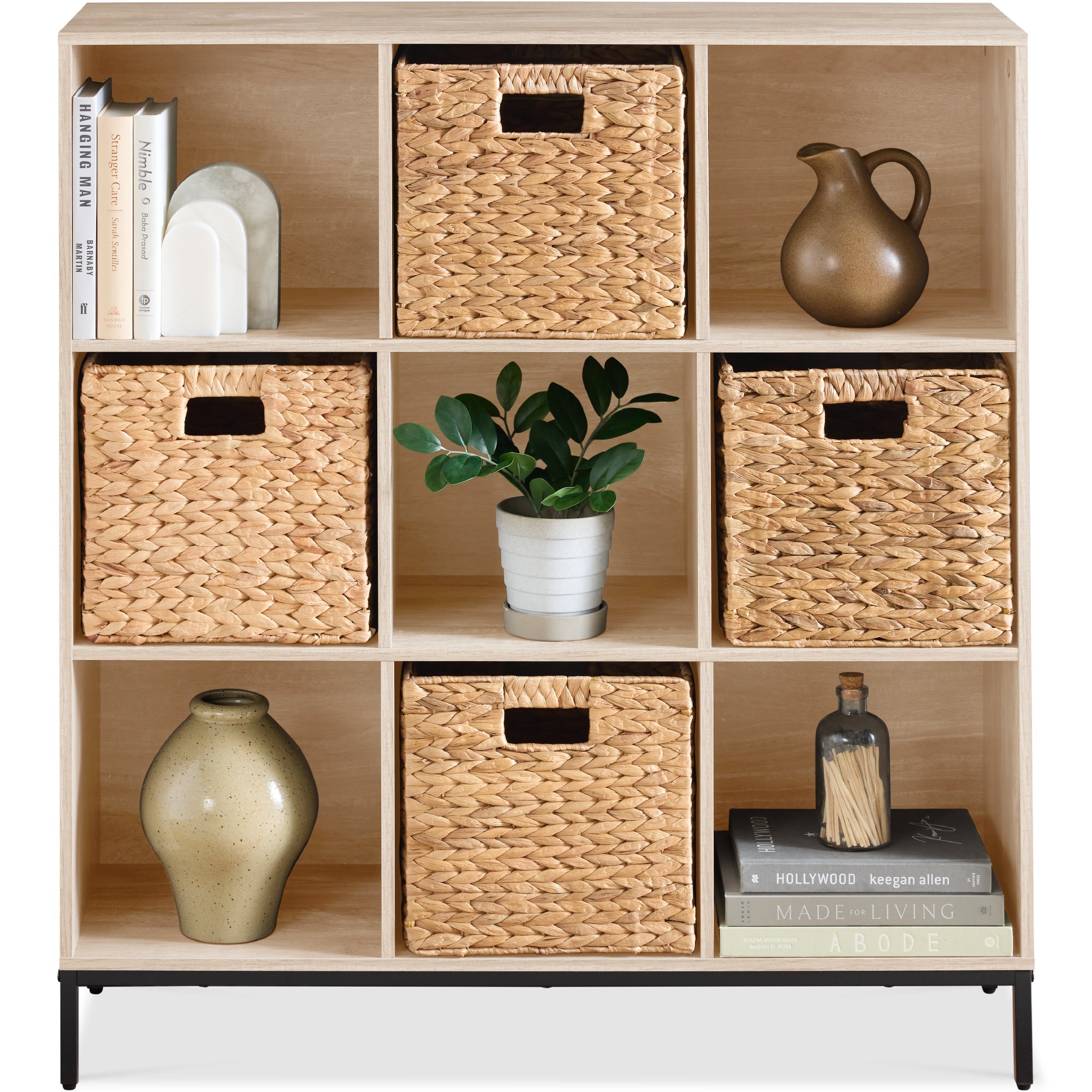 Elevated 9-Cube Storage Organizer, 11in Bookshelf, w/ Metal Legs - Light Oak