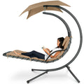 Hanging Curved Chaise Lounge Chair w/ Built-In Pillow, Removable Canopy - Tan