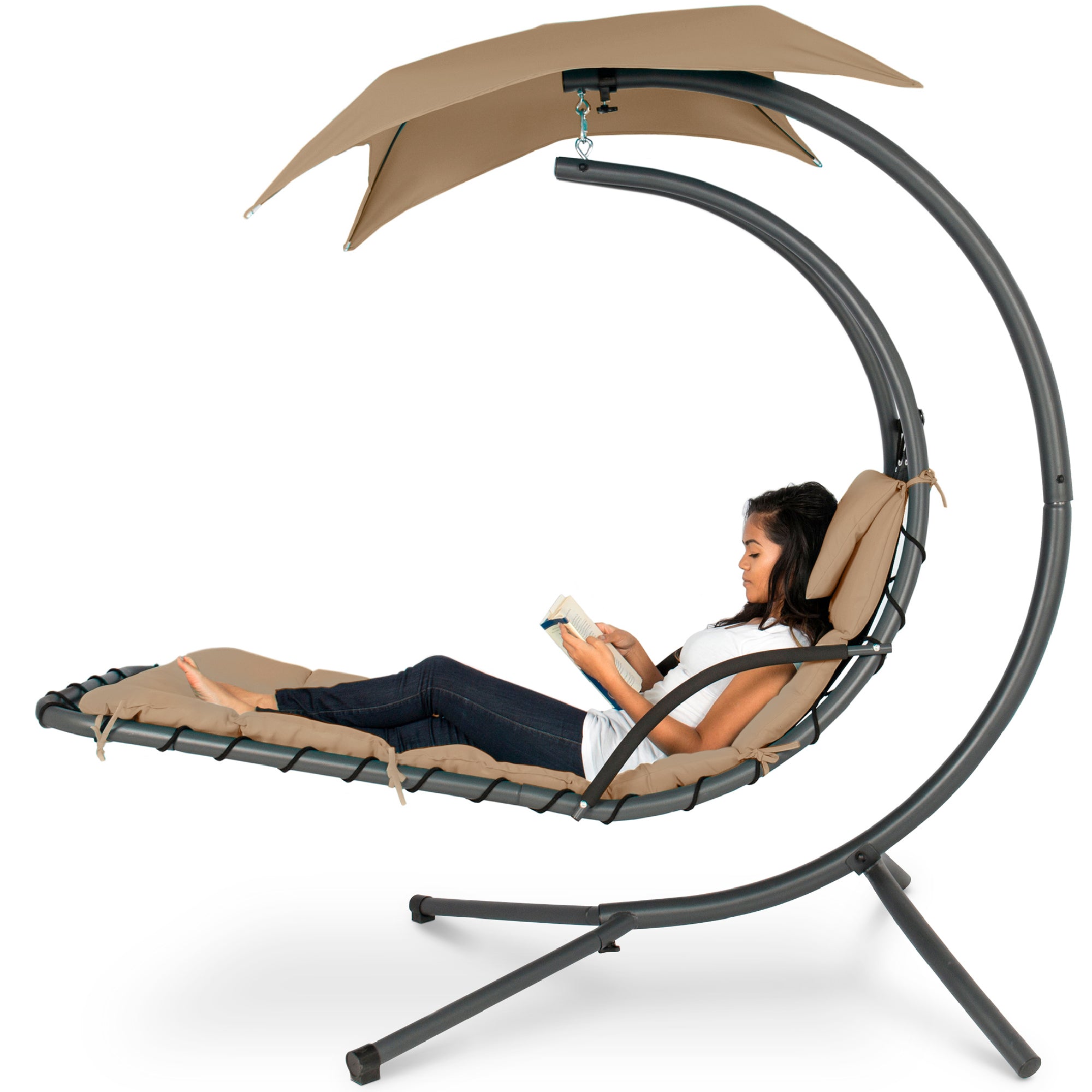 Hanging Curved Chaise Lounge Chair w/ Built-In Pillow, Removable Canopy - Tan