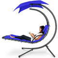 Hanging Curved Chaise Lounge Chair w/ Built-In Pillow, Removable Canopy - Resort Blue