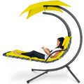 Hanging Curved Chaise Lounge Chair w/ Built-In Pillow, Removable Canopy - Yellow
