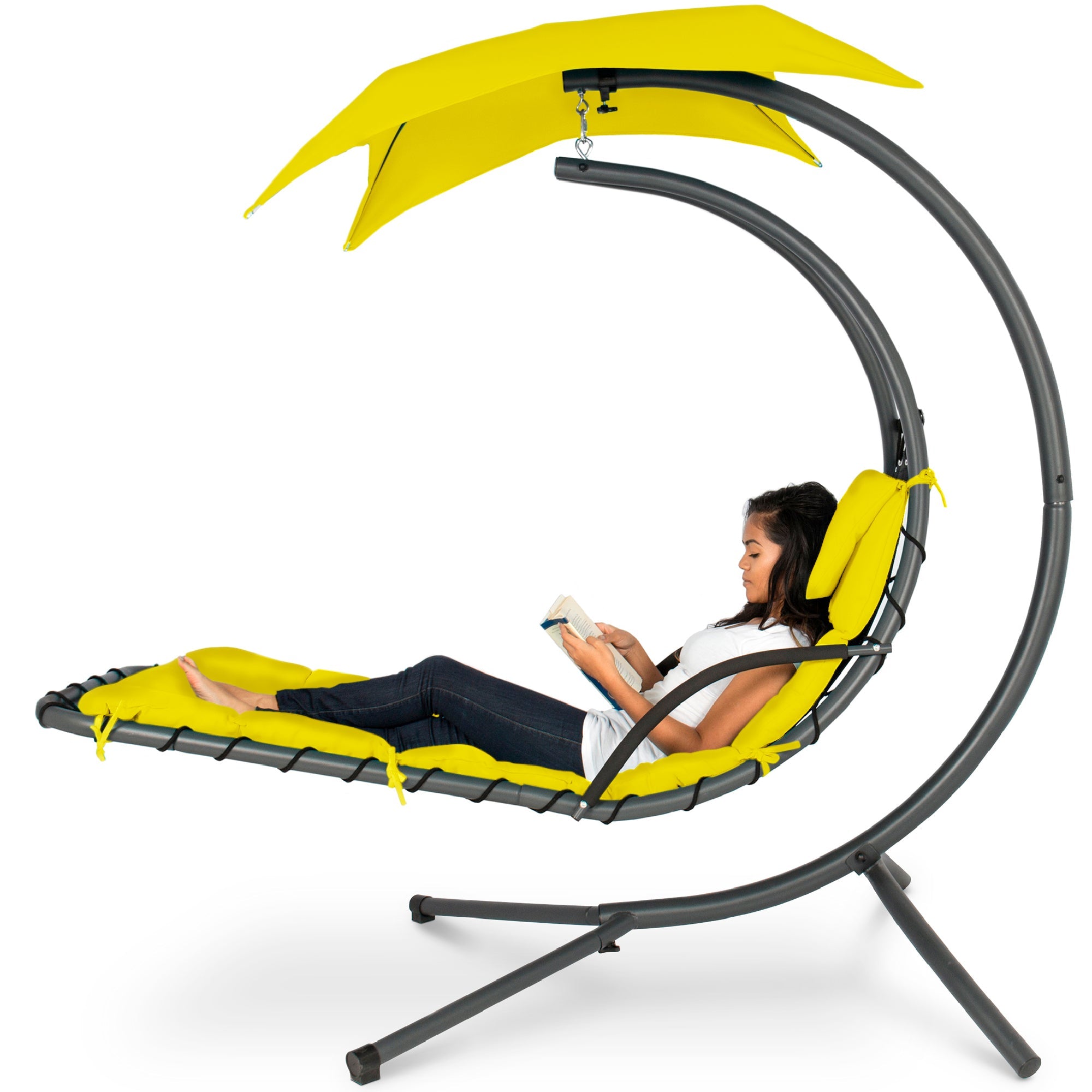 Hanging Curved Chaise Lounge Chair w/ Built-In Pillow, Removable Canopy - Yellow