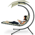 Hanging Curved Chaise Lounge Chair w/ Built-In Pillow, Removable Canopy - Sage