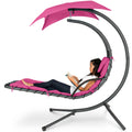 Hanging Curved Chaise Lounge Chair w/ Built-In Pillow, Removable Canopy - Pink
