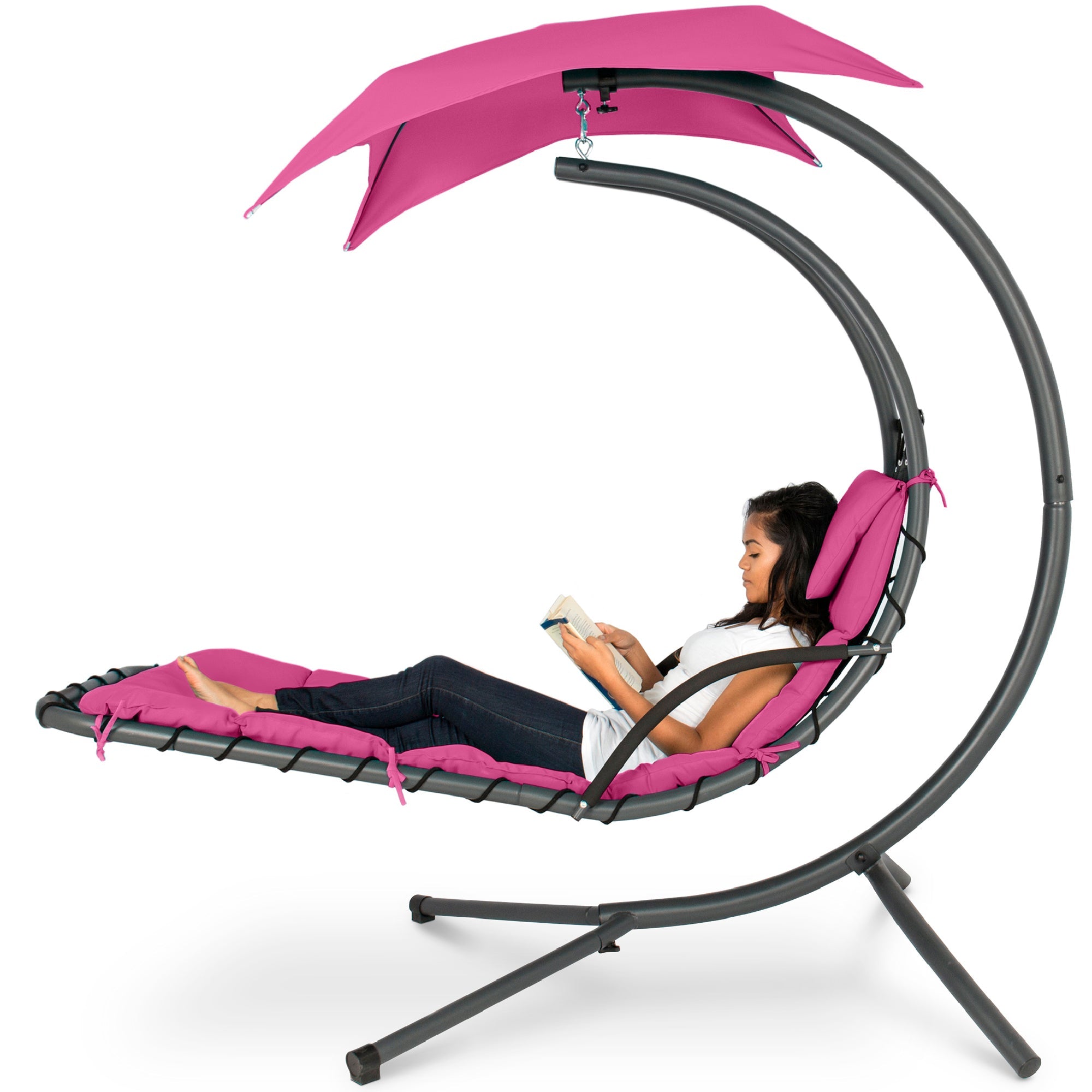 Hanging Curved Chaise Lounge Chair w/ Built-In Pillow, Removable Canopy - Pink